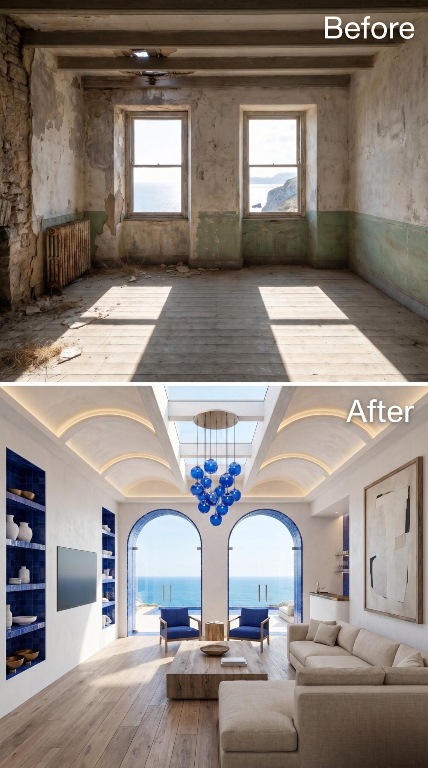 Scalloped Ceiling Vaults, Cobalt Glass Pendants, and Arched Windows Framing Open Sea