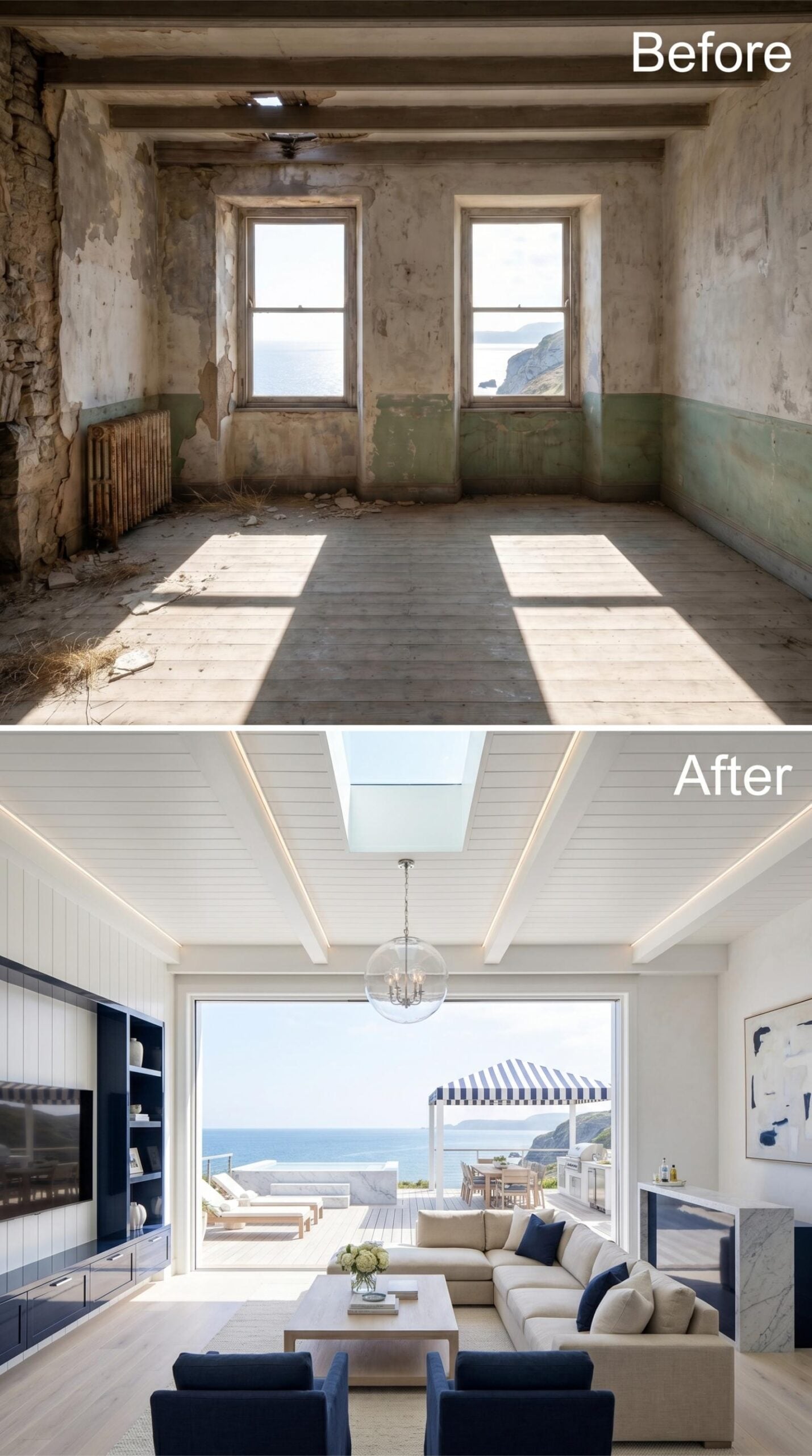 Shiplap Ceiling, Skylight, and a Wall Opened Entirely to the Sea