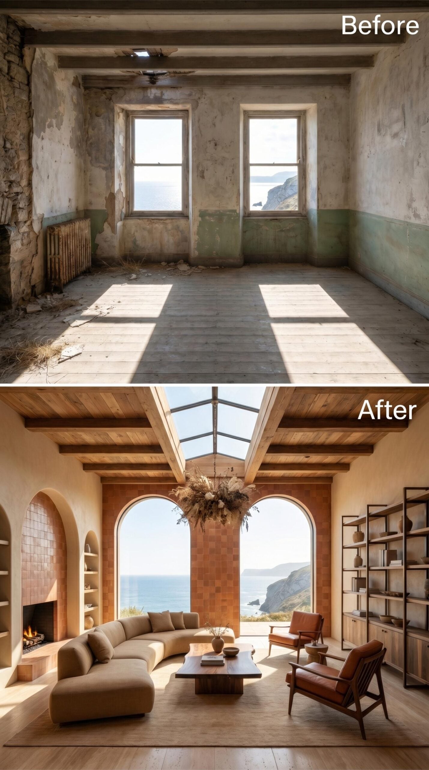 Skylight, Arched Stone, and Curved Linen Where the Cliff Meets the Sea
