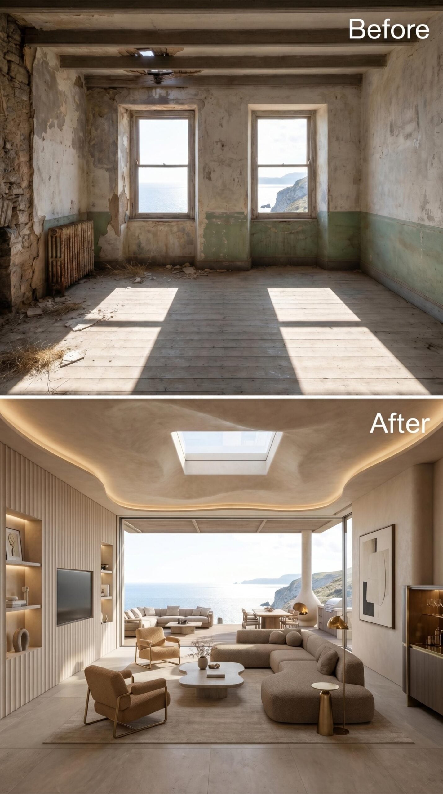 Skylight, Sculptural Plaster Ceiling, and a Curved Sectional Opened Toward the Cliff