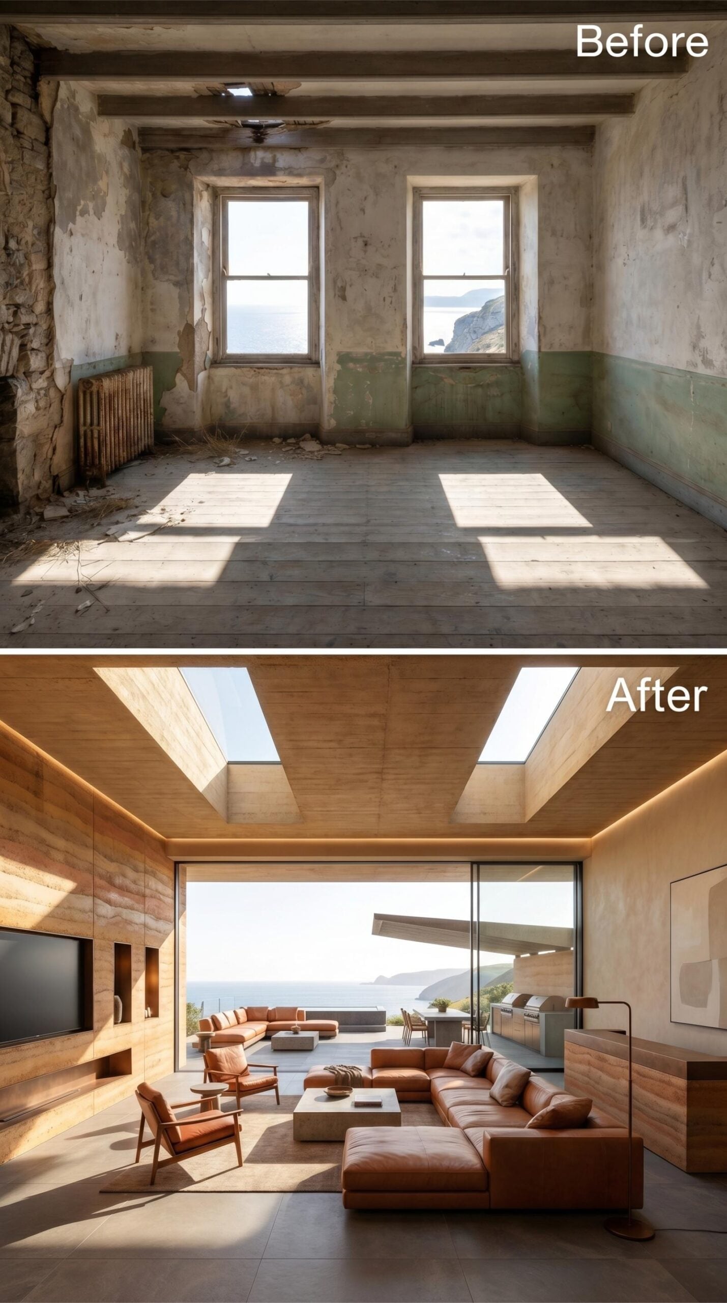 Skylights, Travertine Walls, and Cognac Leather Facing the Sea's Edge