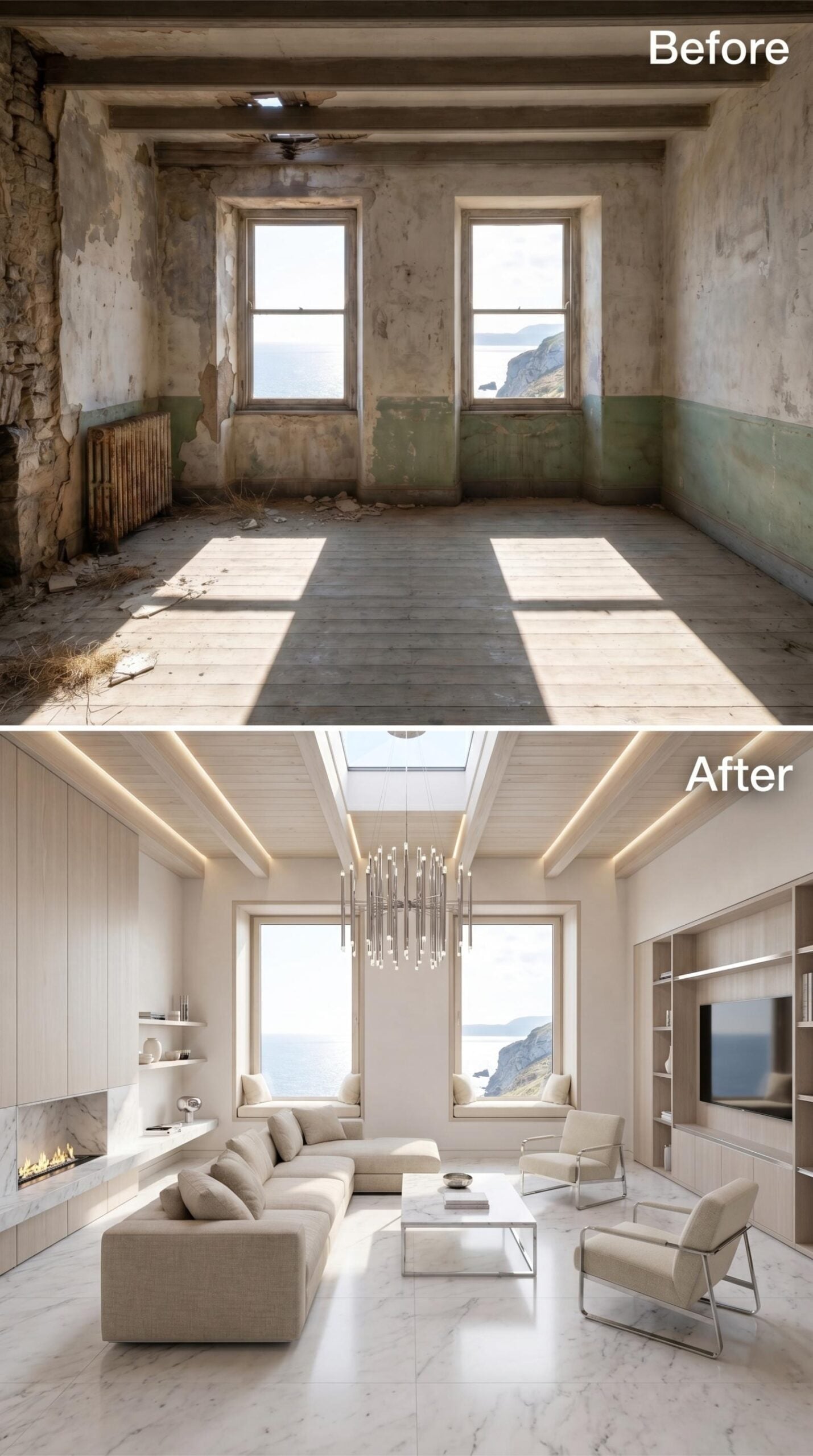 Skylit Beams, Marble Floors, and a Sectional Angled Toward the Open Sea