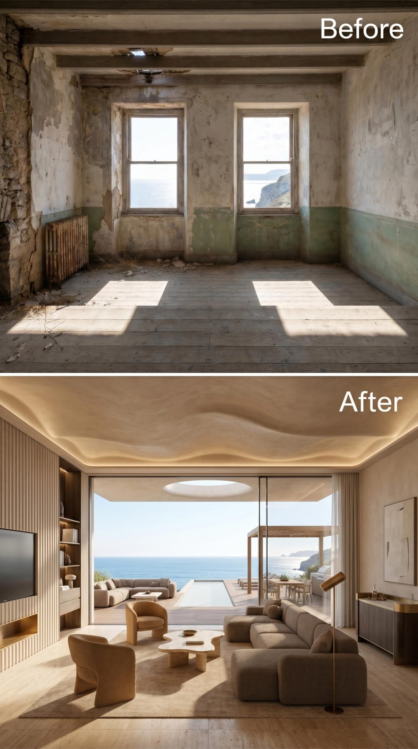 Undulating Plaster Ceiling, Warm Sand Tones, and Glass That Erases the Interior Wall