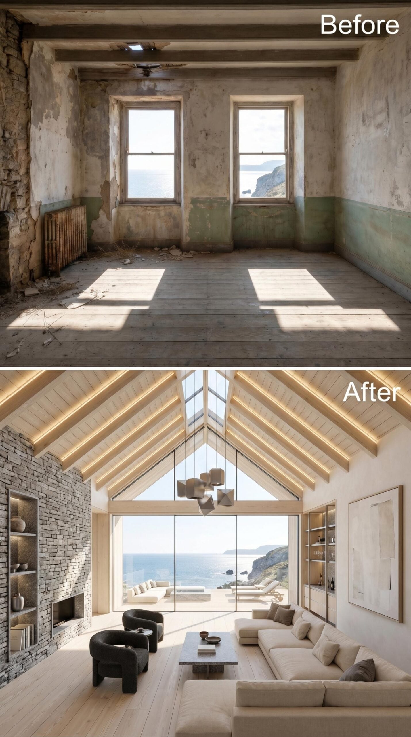 Vaulted Timber, Stacked Stone, and a Glass Wall That Erases the Horizon