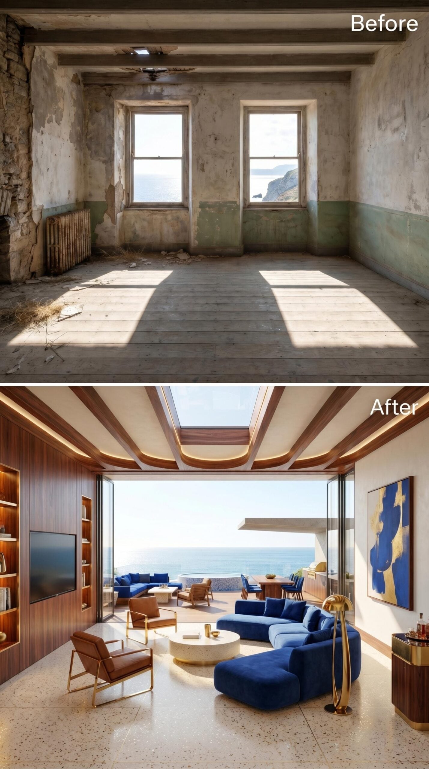 Walnut Ceiling Ribs, Cobalt Velvet, and Glass Where the Cliff Drops Away