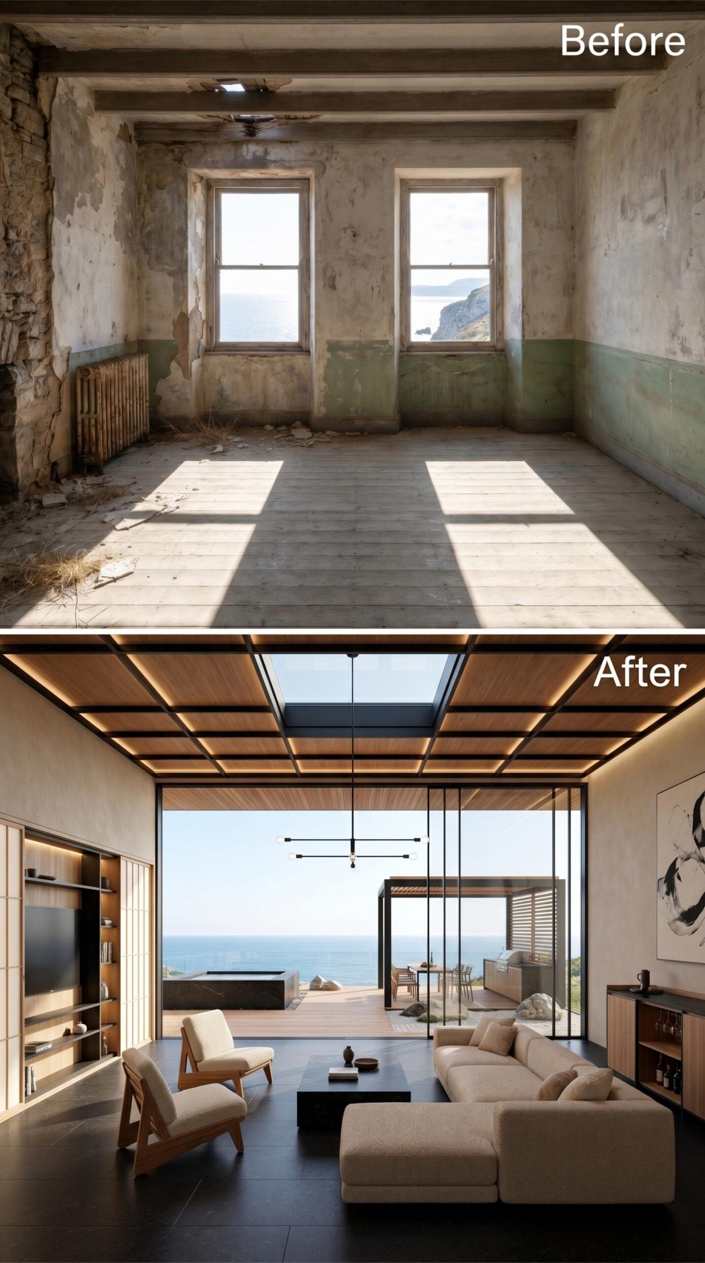 Wood Ceiling Ribs, LED Warmth, and Glass That Dissolves the Wall Between Living Room and Sea