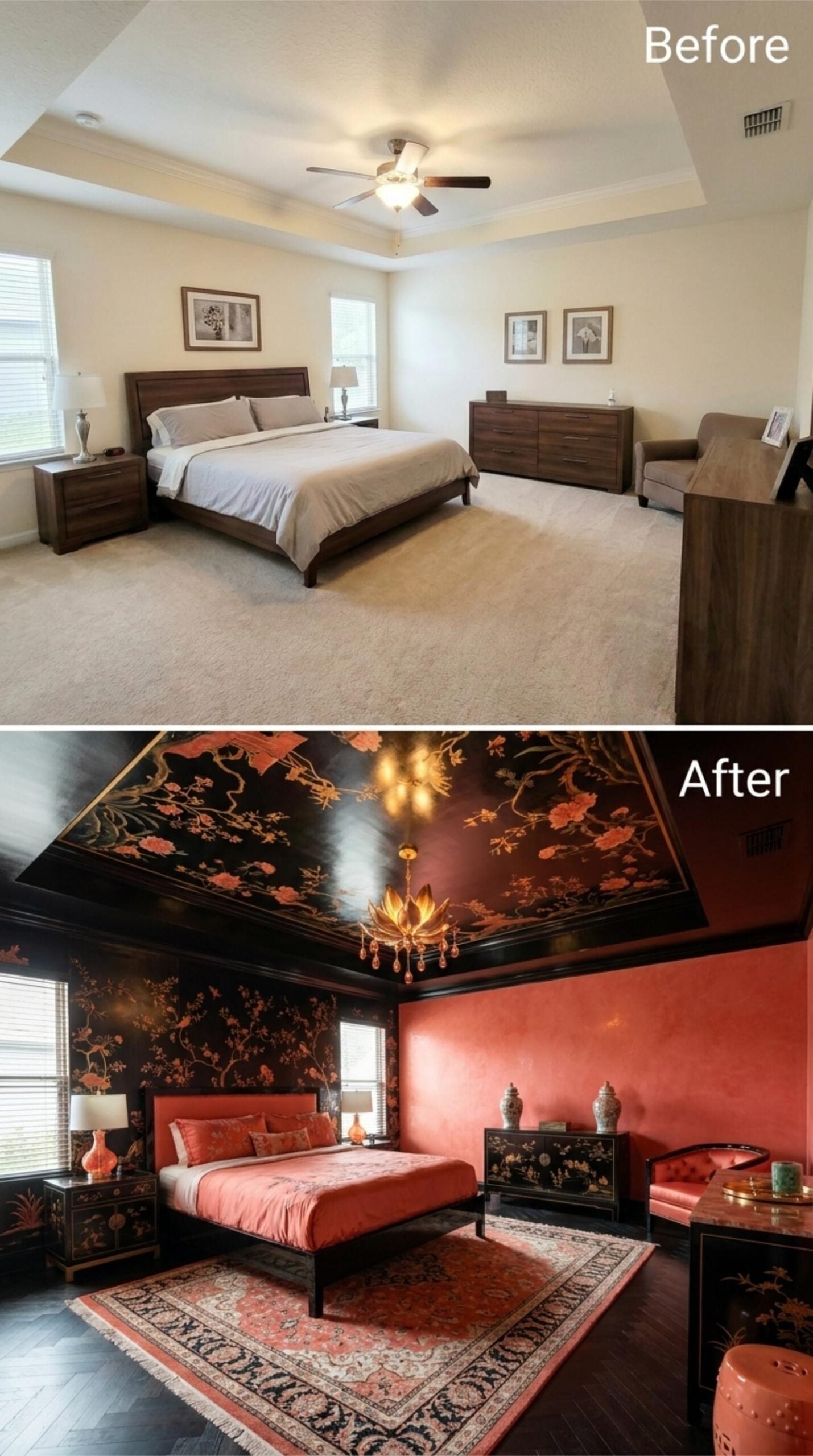 Black Lacquer Ceiling Mural, Coral Plaster Walls, and a Chinoiserie Dresser That Anchors Everything