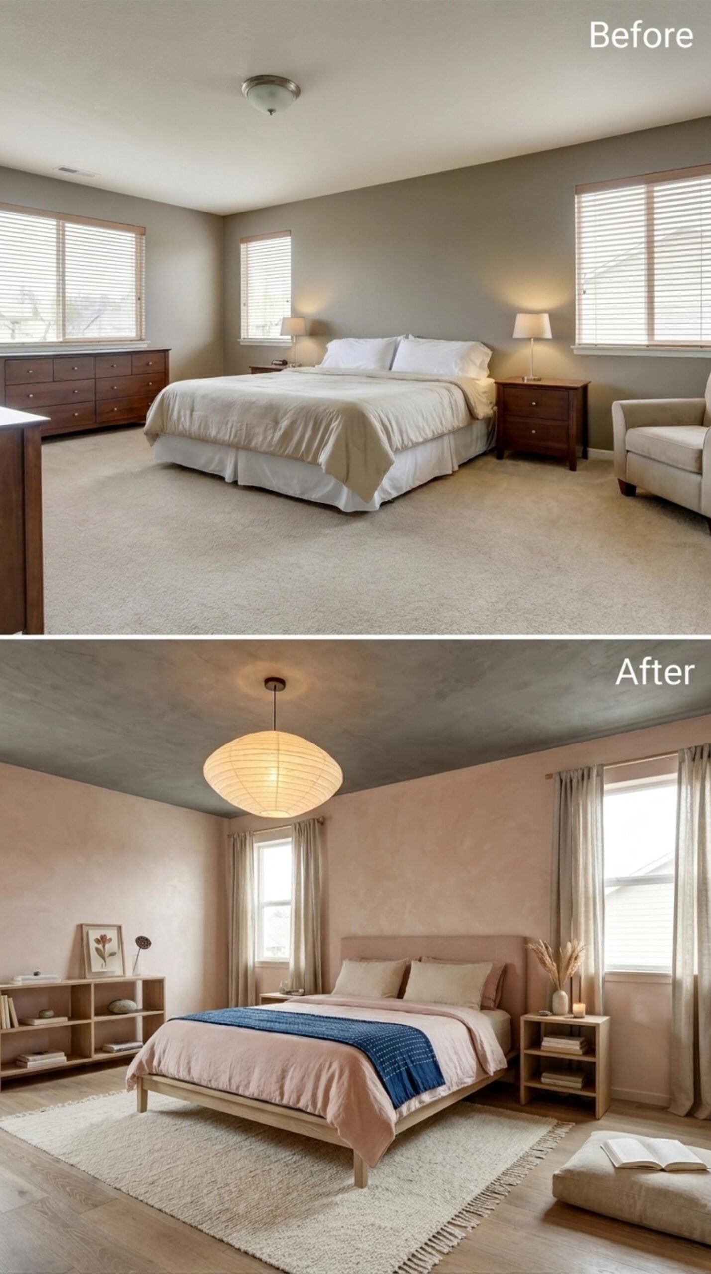 Blush Plaster Walls, a Paper Pendant, and a Low Bed That Invites Staying In