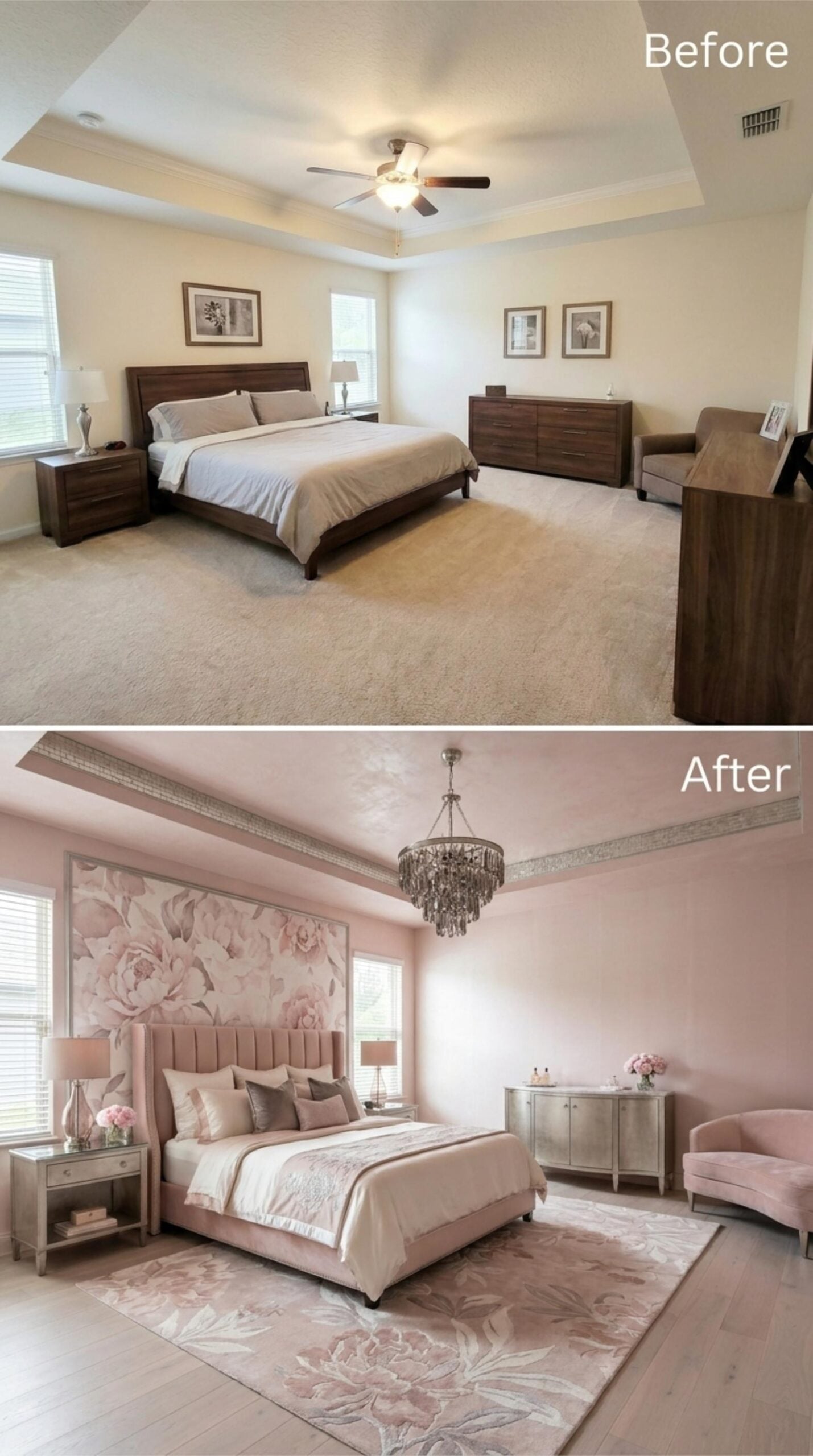 Blush Walls, a Floral Mural Panel, and a Crystal Chandelier That Replaced the Fan