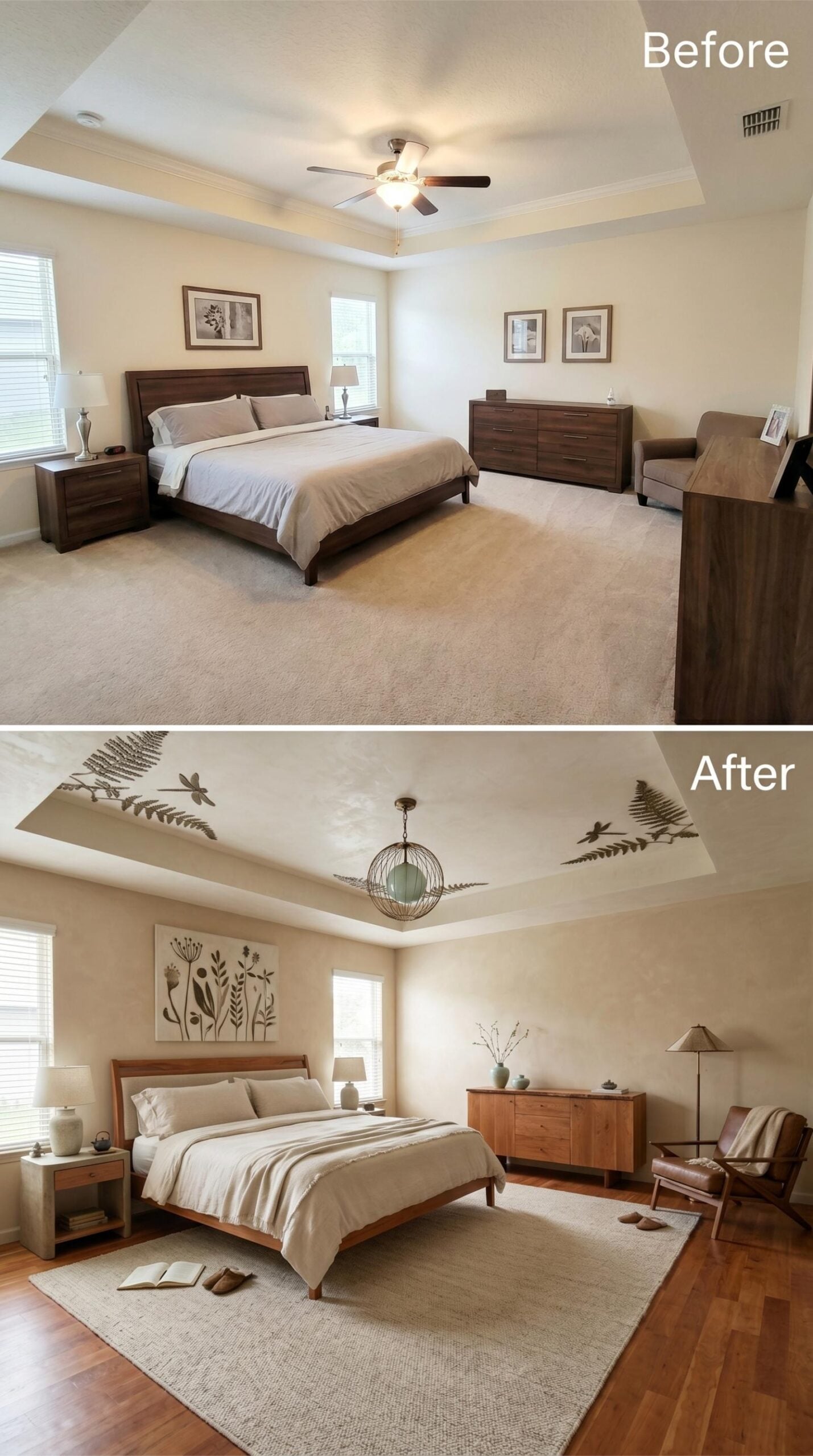 Botanical Ceiling Art, a Pendant Swap, and Hardwood That Finally Lets the Room Breathe