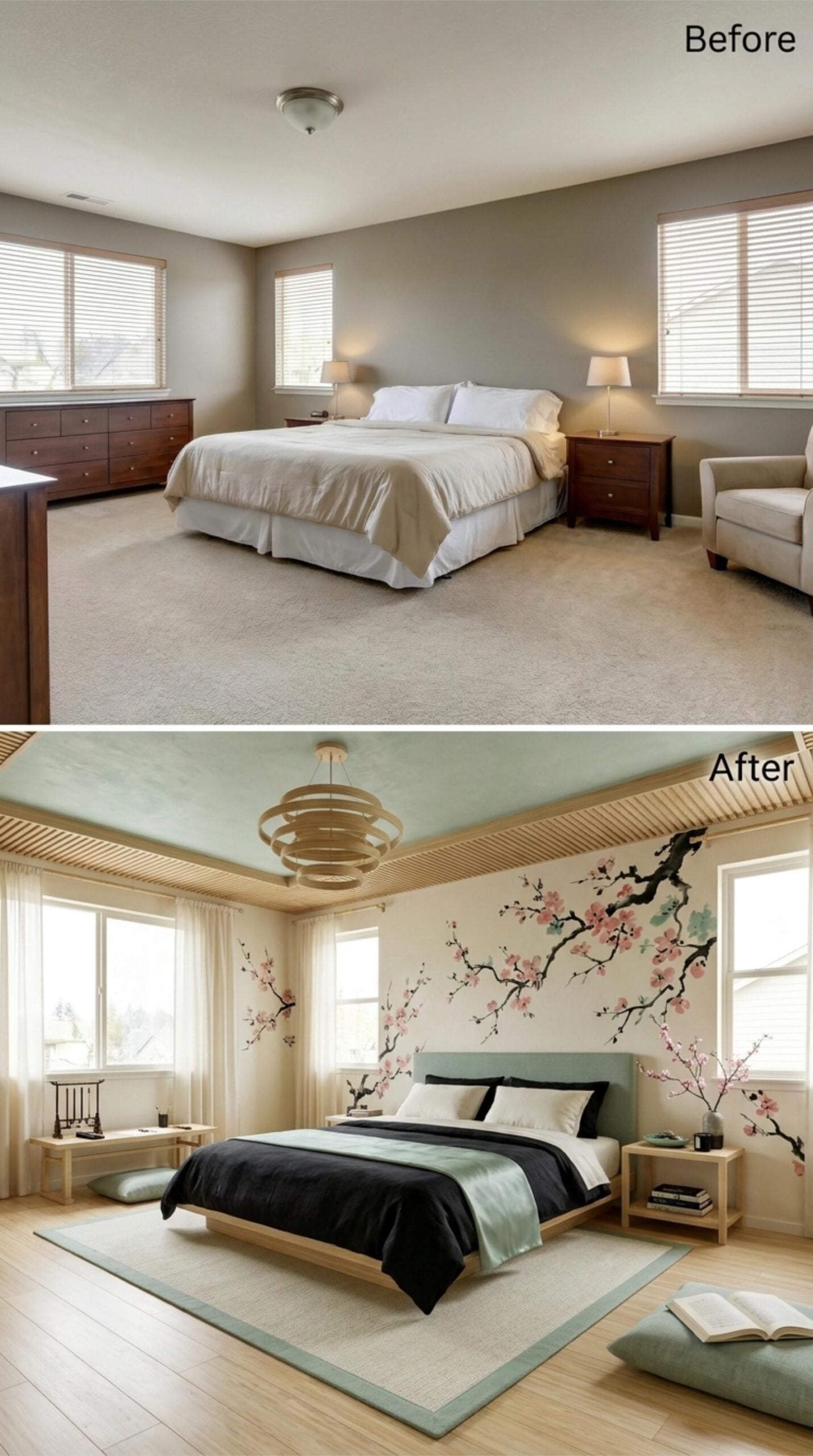 Cherry Blossom Mural, Sage Tray Ceiling, and a Low Platform Bed That Keeps Things Grounded
