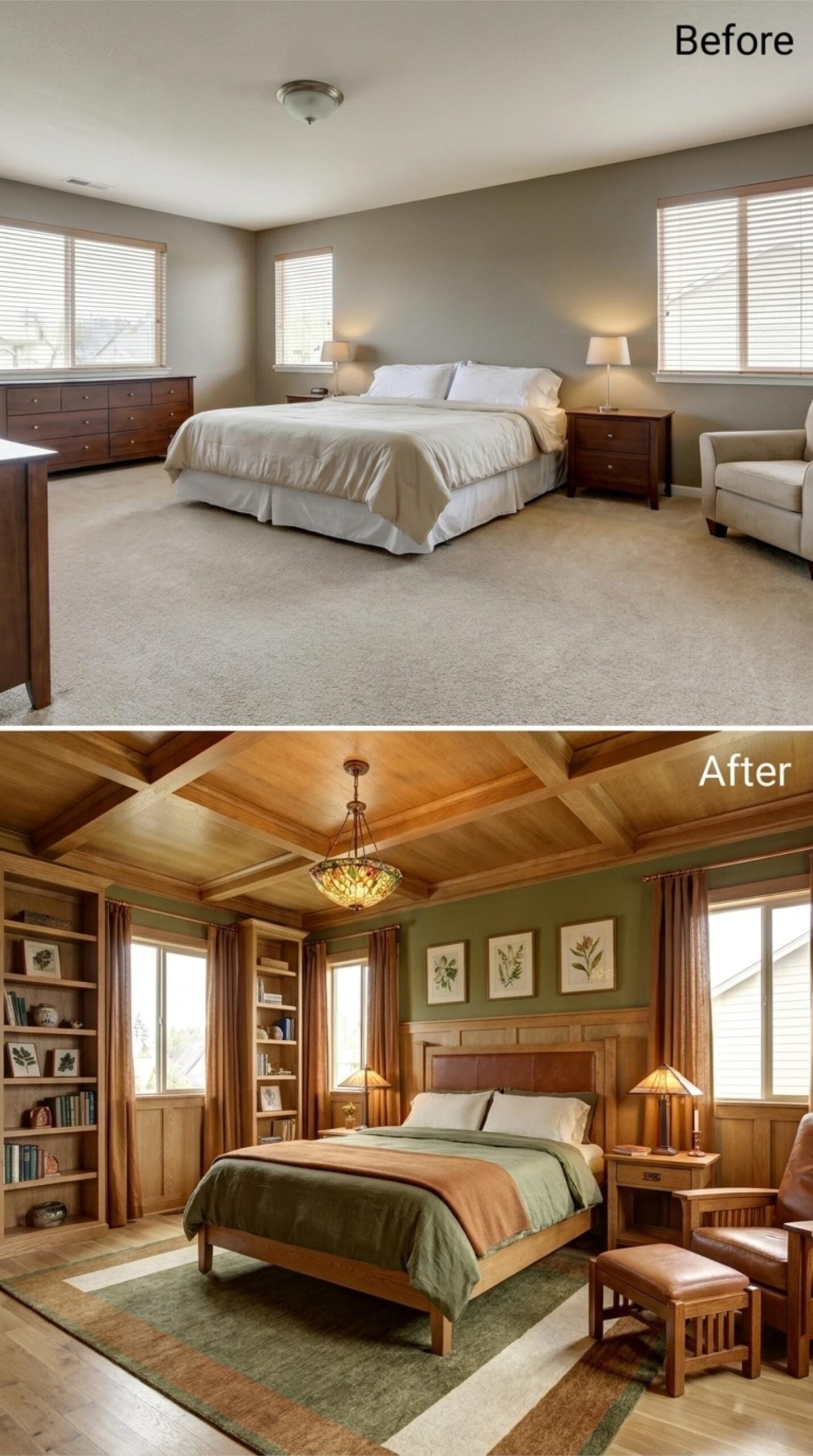 Coffered Cedar Ceiling, Tiffany-Style Pendant, and Built-In Shelving That Earns Every Inch