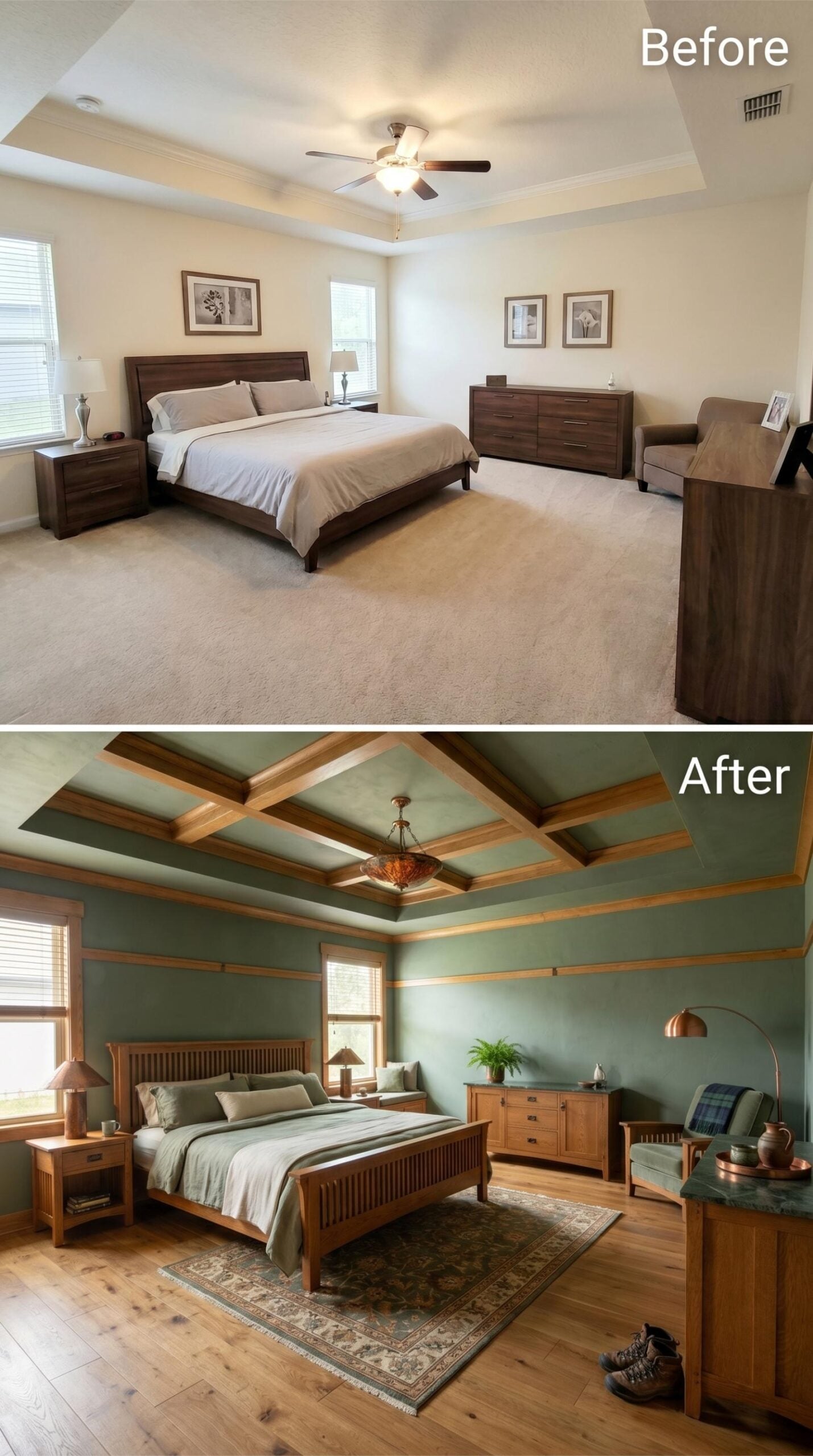 Coffered Ceiling, Sage Walls, and Mission Oak That Reads Like a Craftsman Lodge