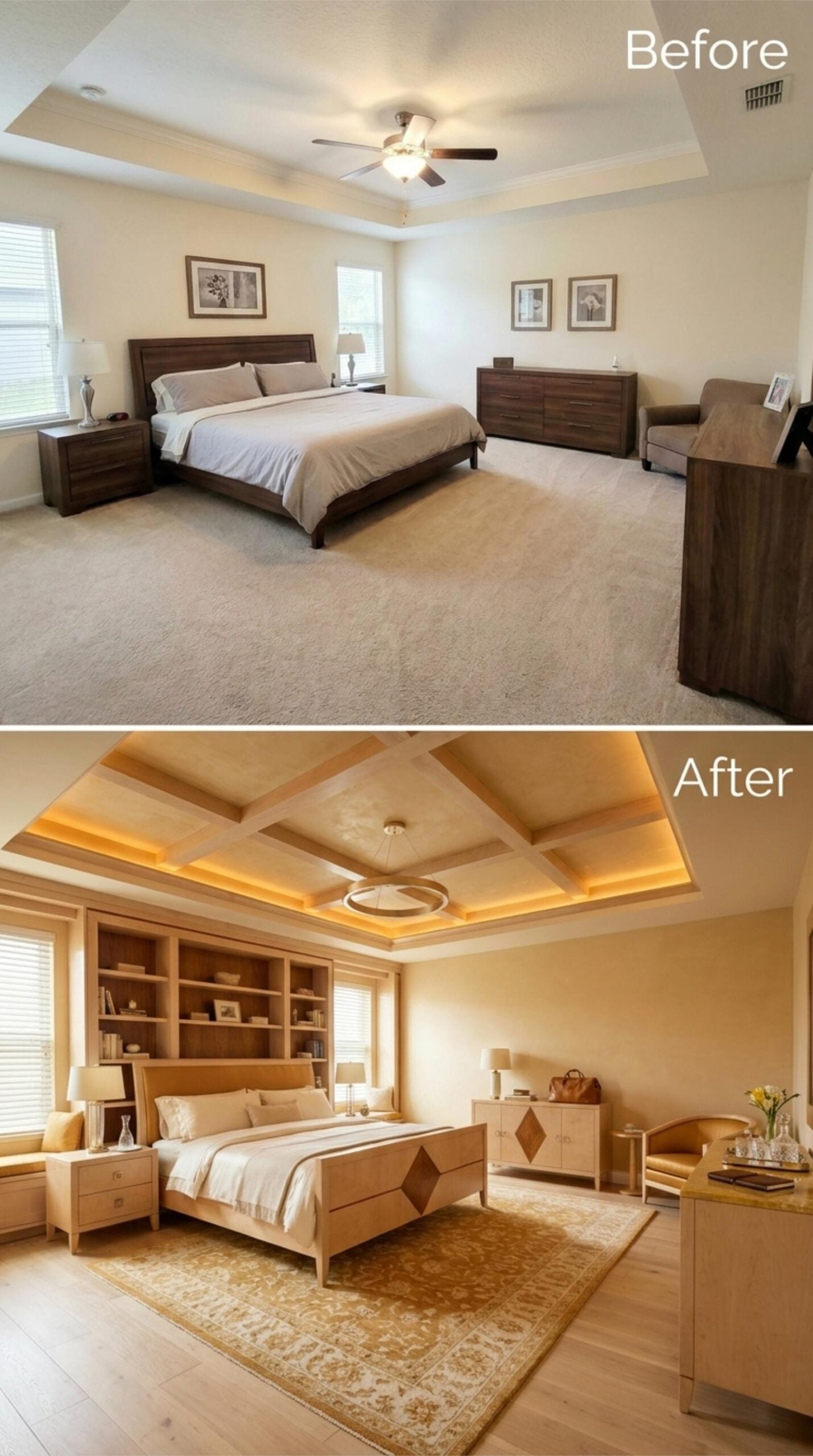 Coffered Ceiling with Amber Cove Light and Built-In Shelving That Actually Earns Its Square Footage