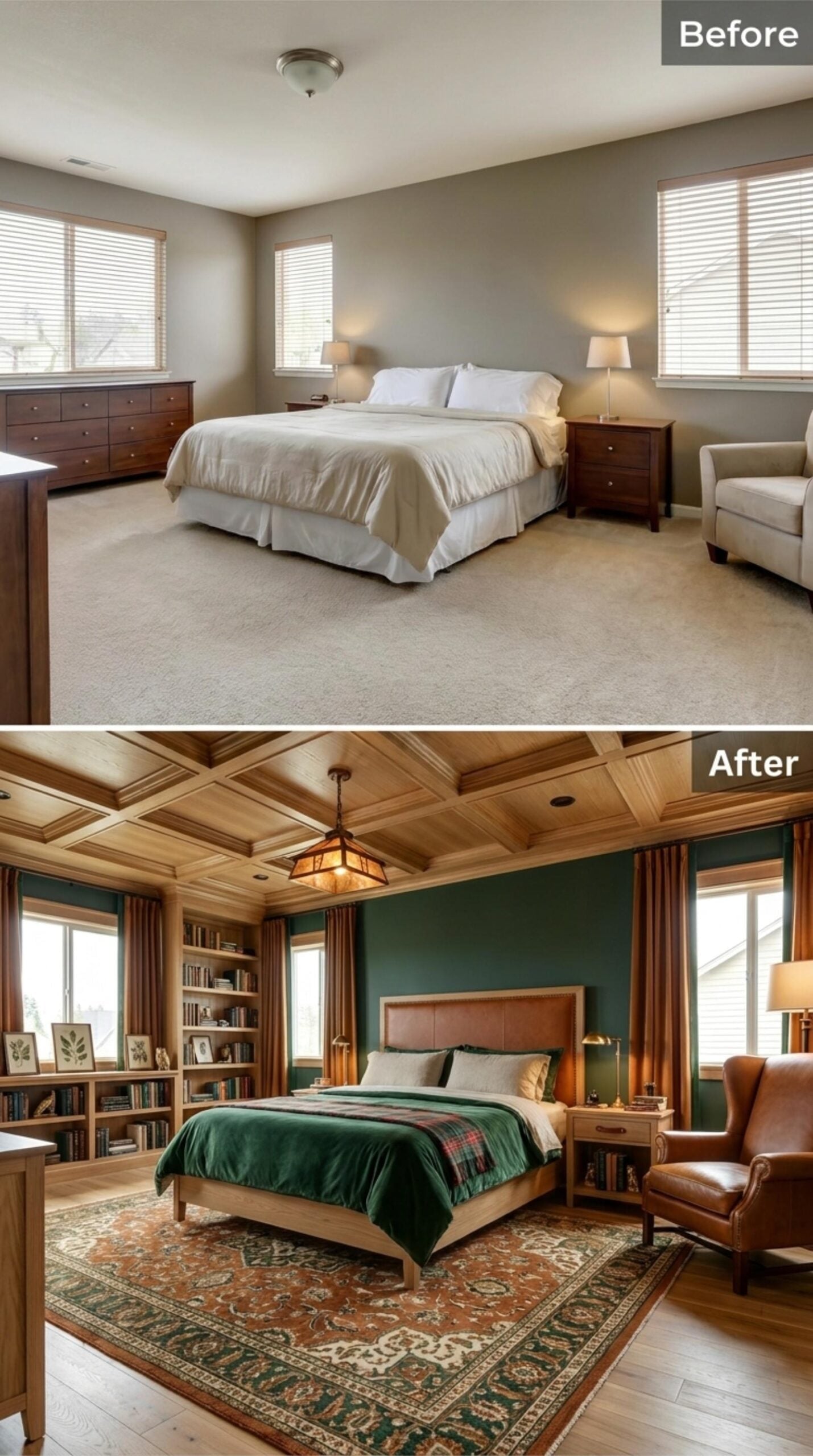 Coffered Oak Ceiling, Forest Green Walls, and a Leather Chair That Means Business