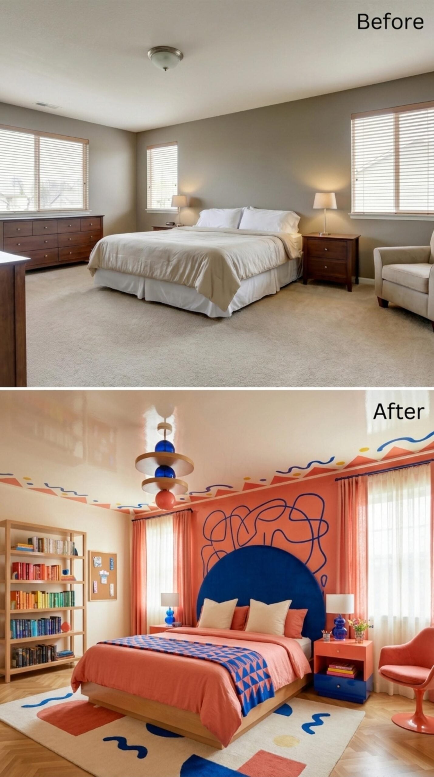 Coral Walls, a Blue Arched Headboard, and a Painted Ceiling That Refuses to Be Ignored