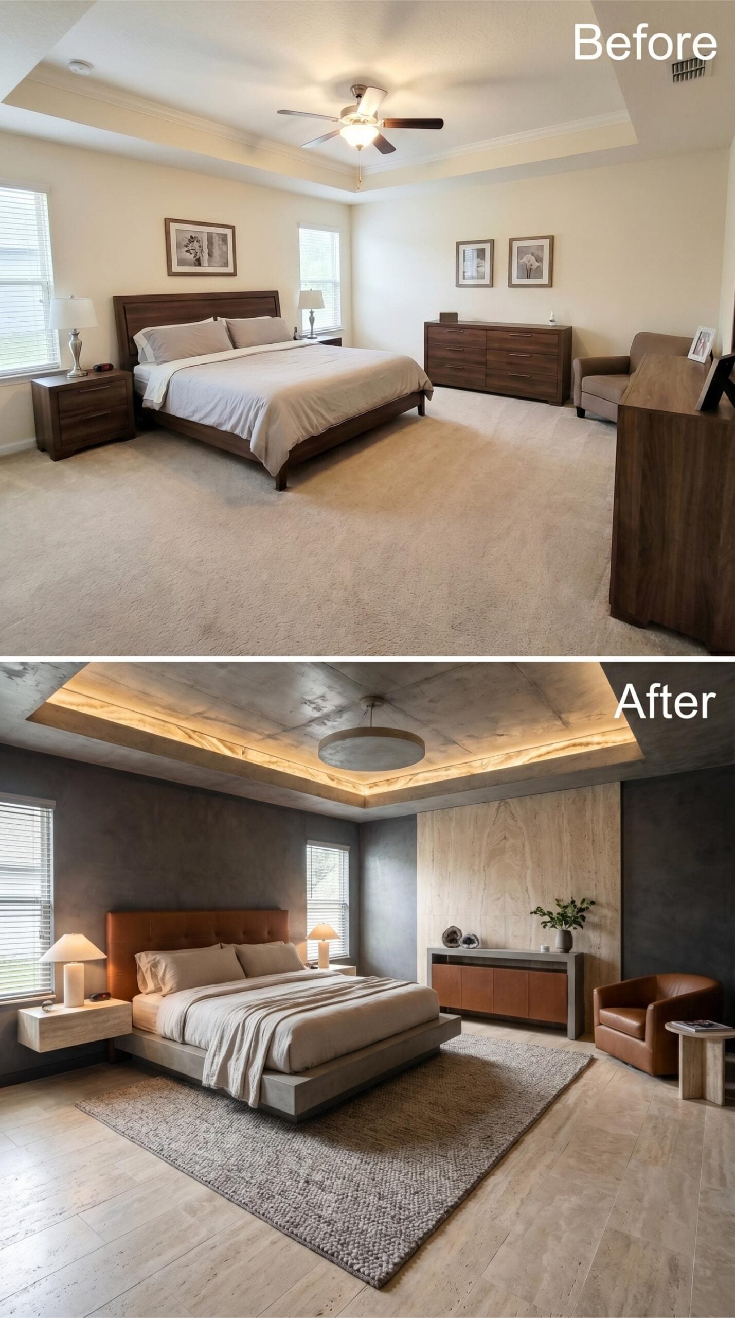 Cove Lighting, Venetian Plaster Walls, and a Platform Bed That Owns the Room