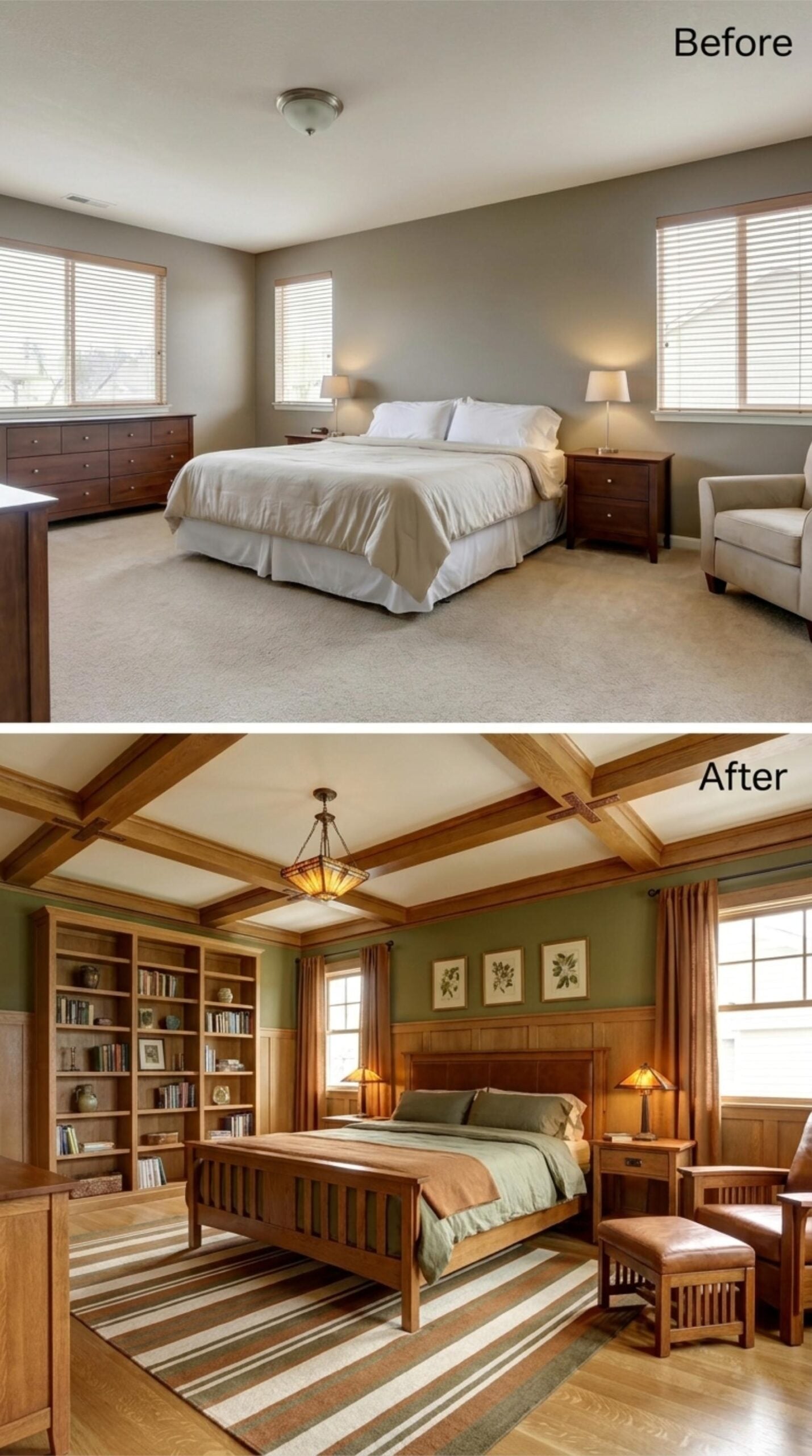 Craftsman Coffered Ceiling, Olive Walls, and Built-In Shelving That Actually Lives In