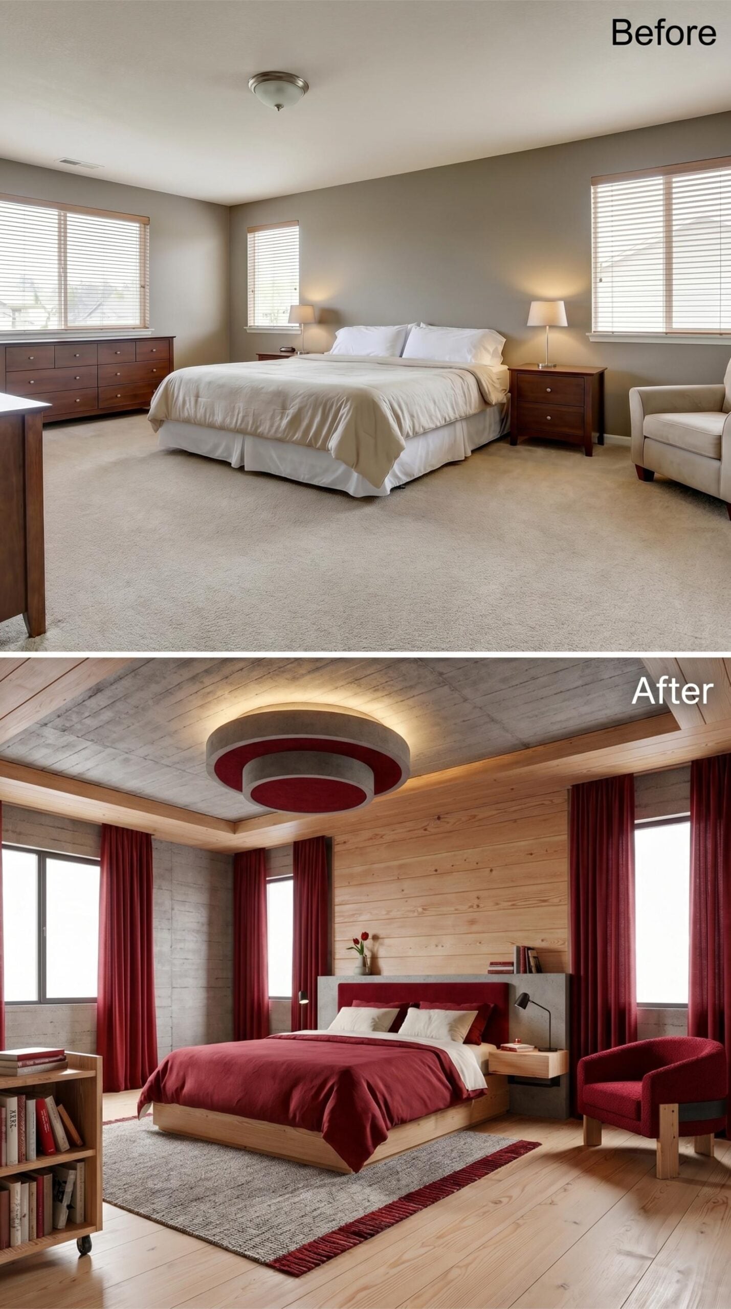 Crimson Bedding, Raw Cedar Planks, and a Concrete Ceiling That Earns Every Inch