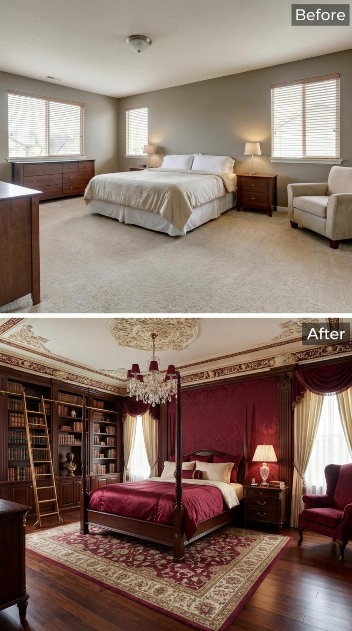 Crimson Damask Walls, a Four-Poster, and Plasterwork That Earned the Chandelier