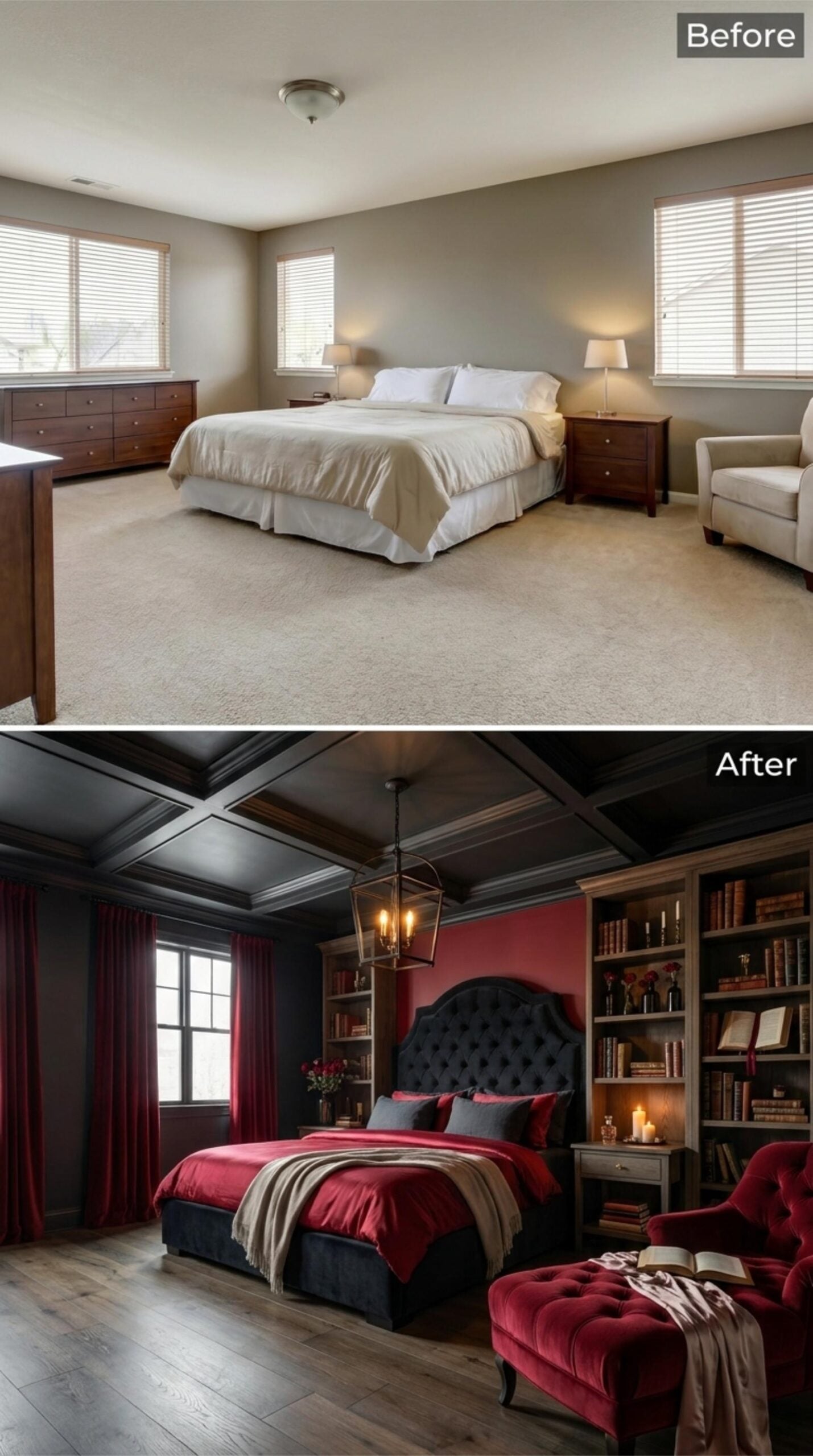 Crimson Velvet, a Coffered Black Ceiling, and Built-In Shelves Full of Secrets