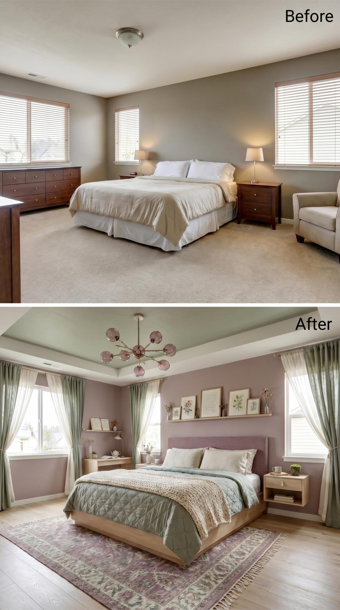 Dusty Mauve Walls, Floating Nightstands, and a Sputnik Fixture in Blush Glass