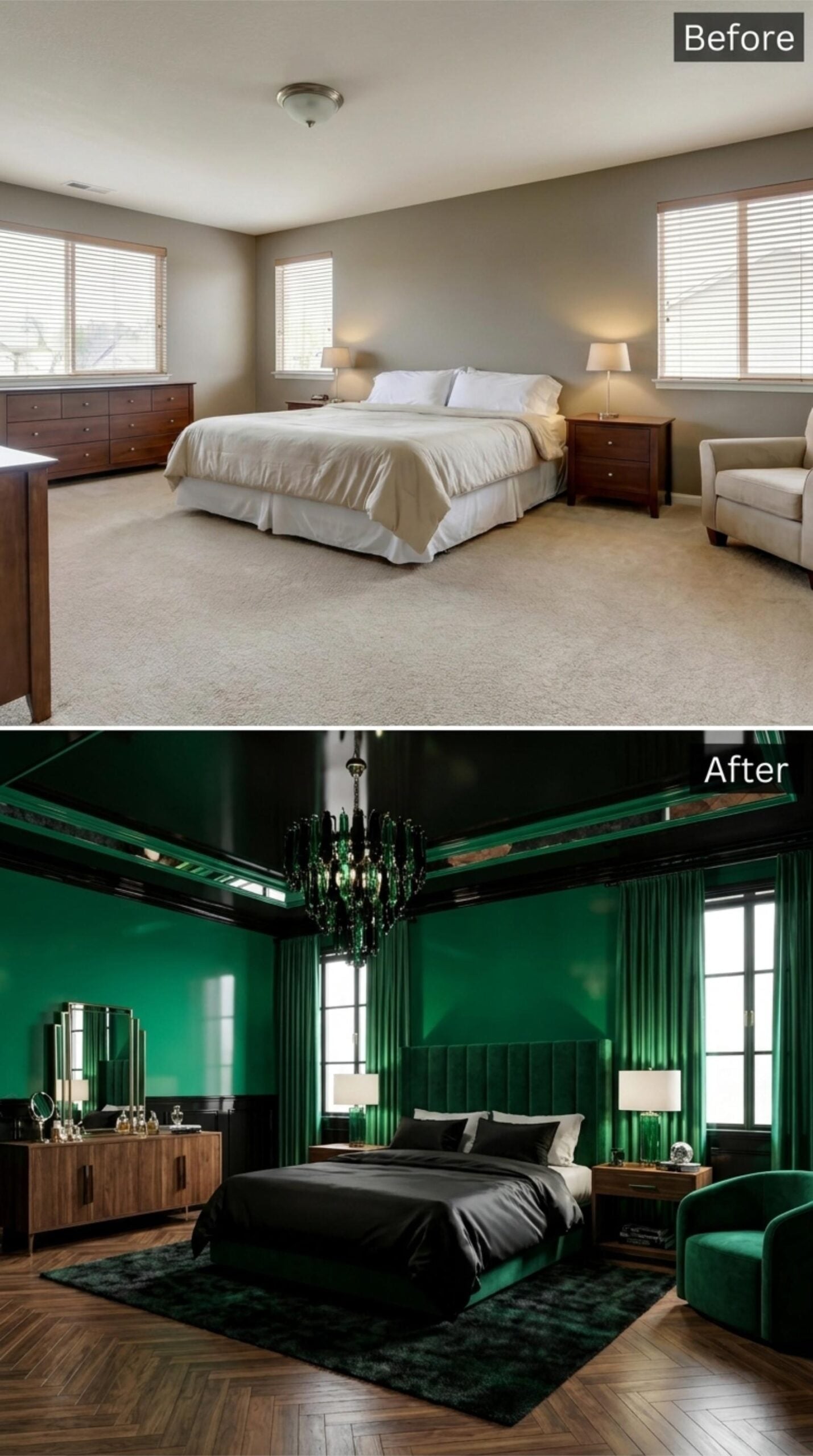Emerald Lacquer Walls, a Murano-Style Chandelier, and Herringbone Floors That Earn Their Keep