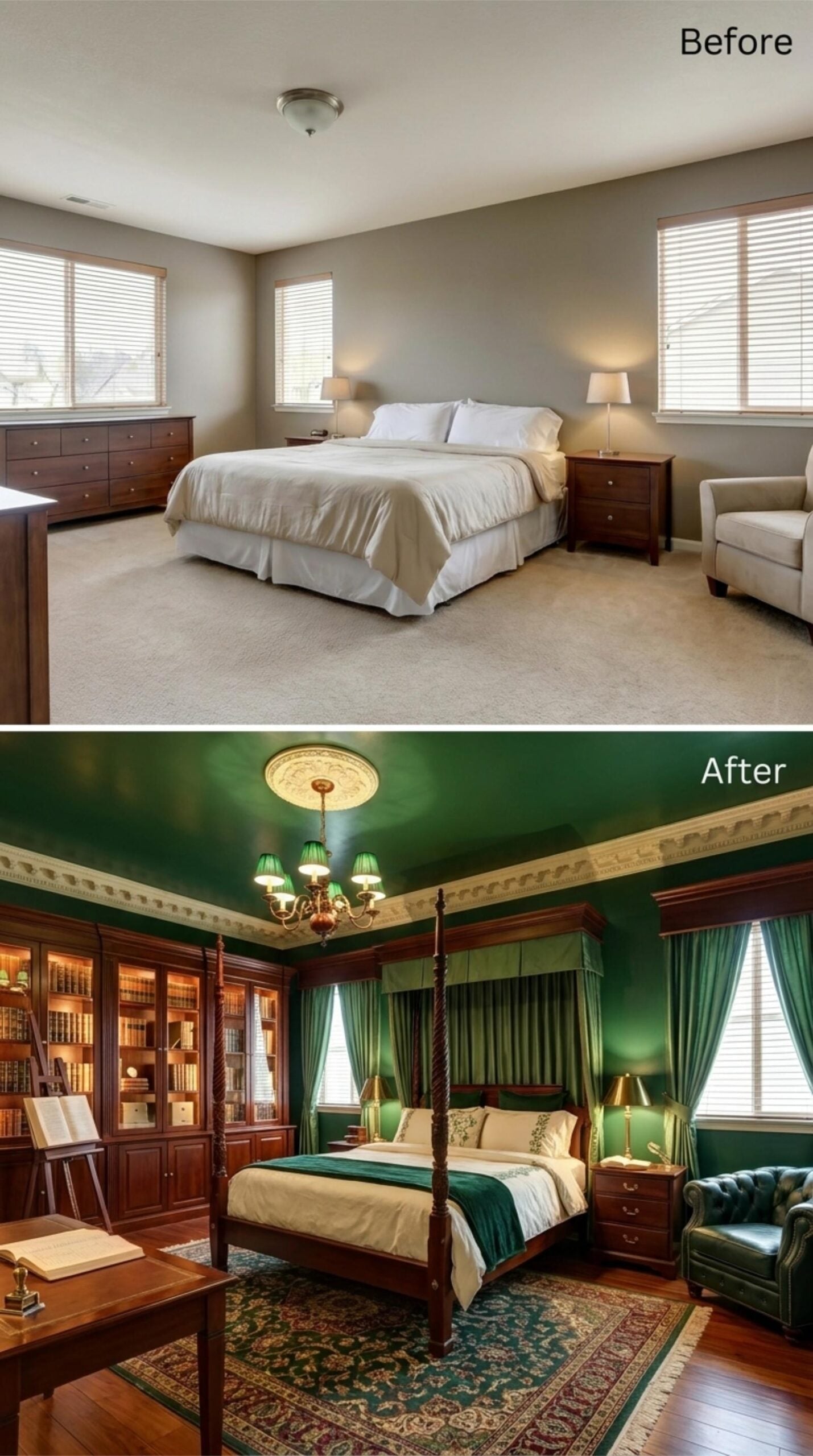 Emerald Walls, a Brass Chandelier, and Dark Mahogany That Commands Every Corner