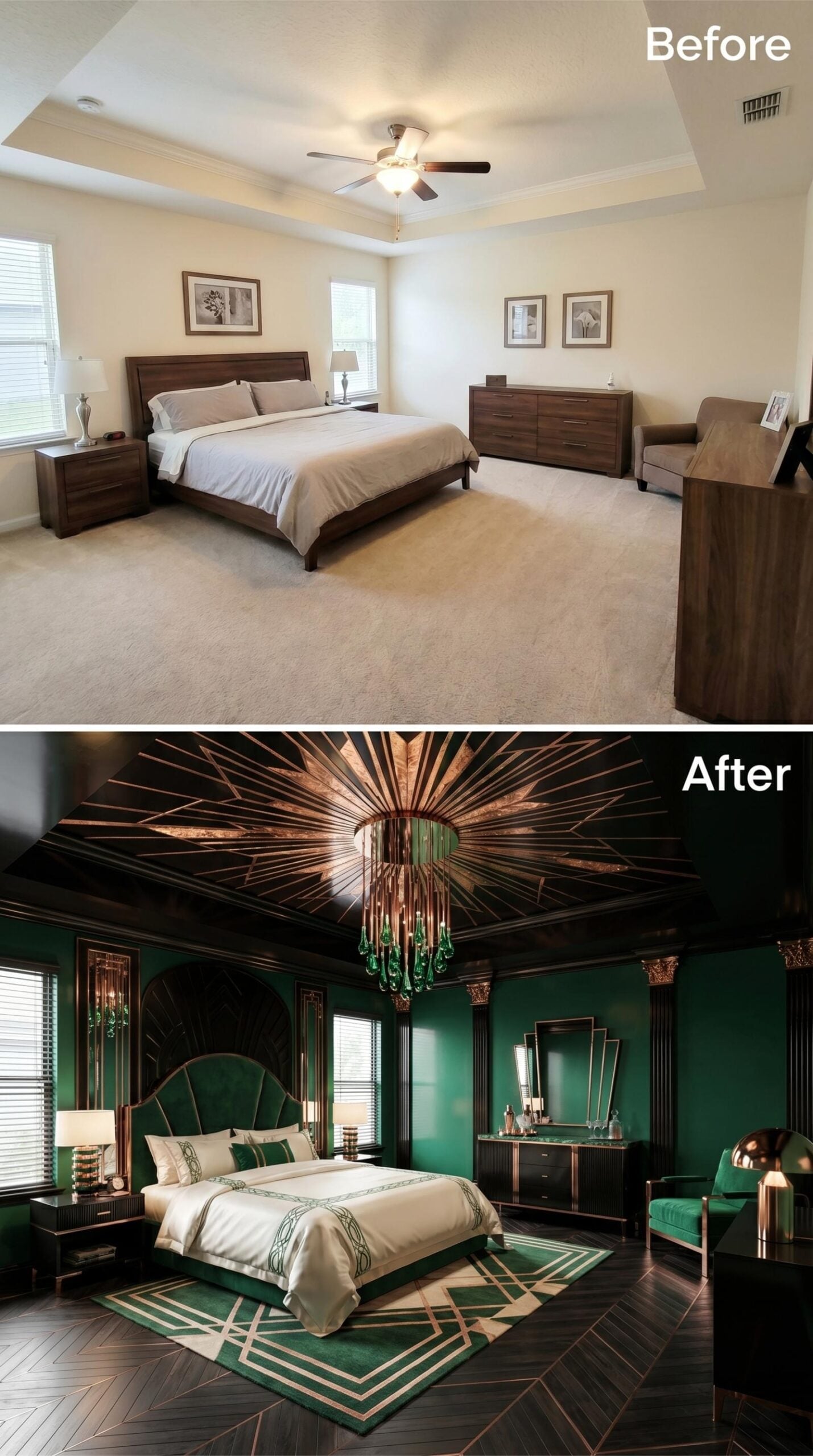 Emerald Walls, an Art Deco Ceiling Medallion, and Green Velvet That Means Business