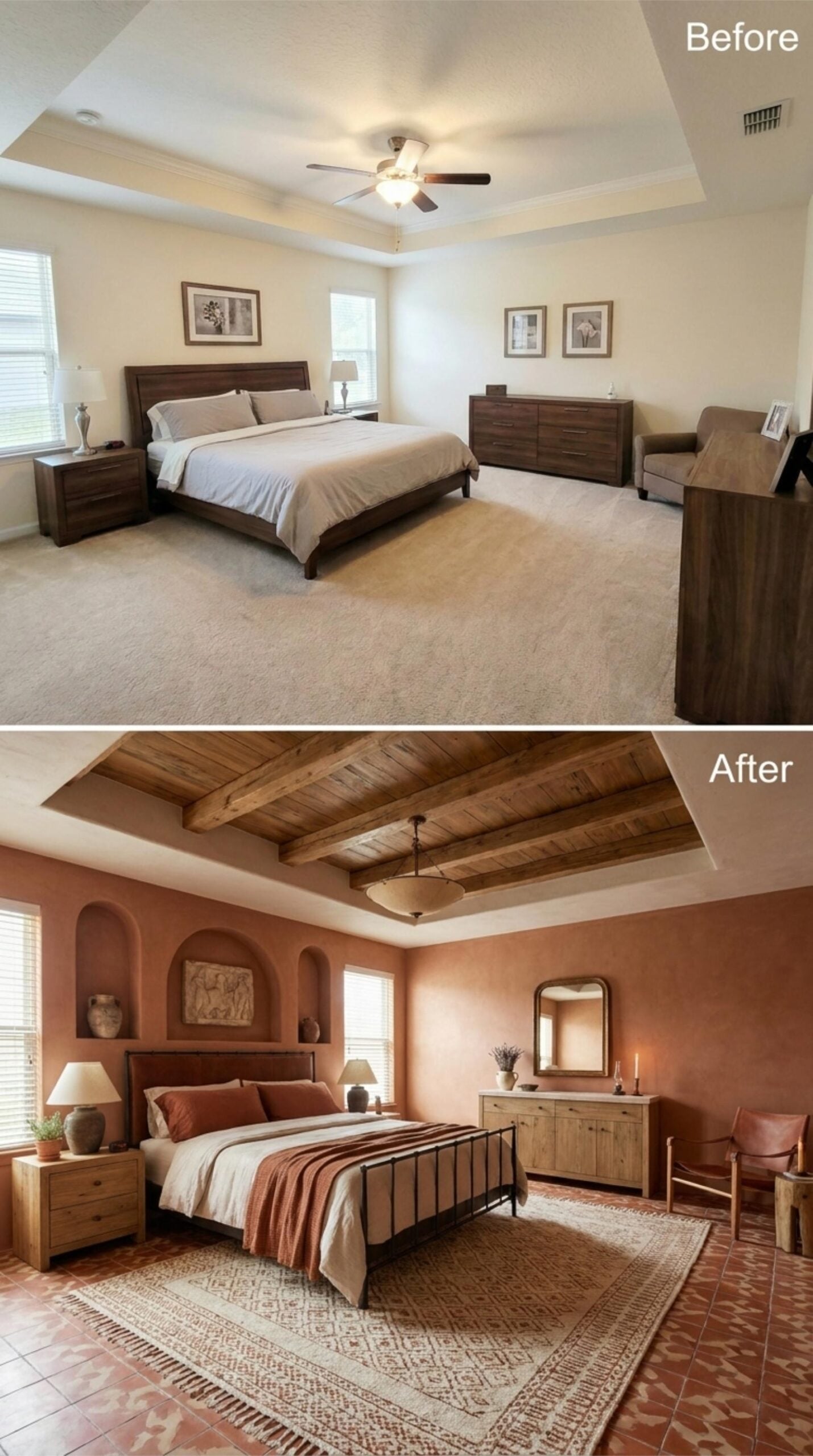 Exposed Beam Tray Ceiling, Terracotta Tile, and Adobe Arches Straight from the Southwest