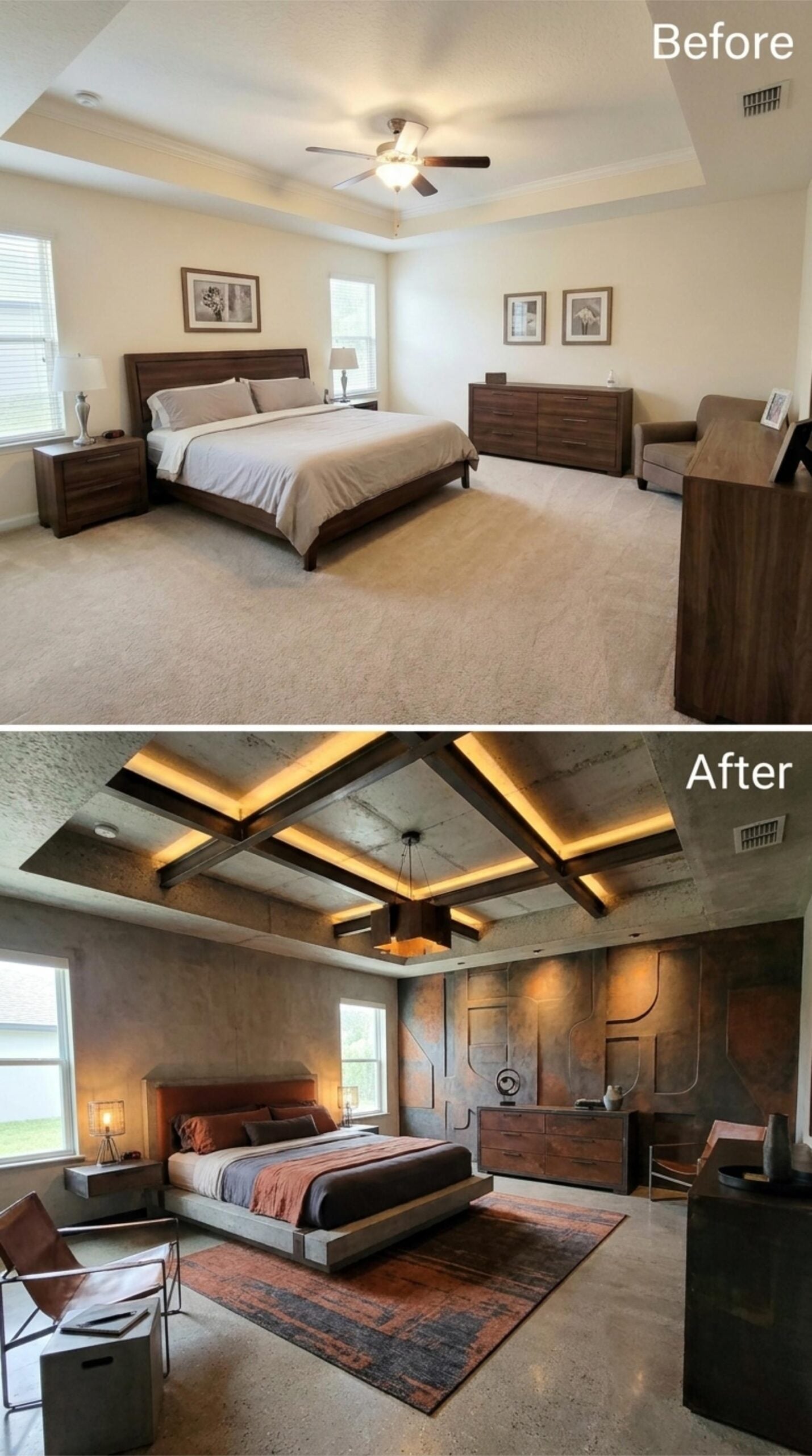 Exposed Beam Tray Ceiling with LED Coves and a Concrete Wall Panel That Commands Attention