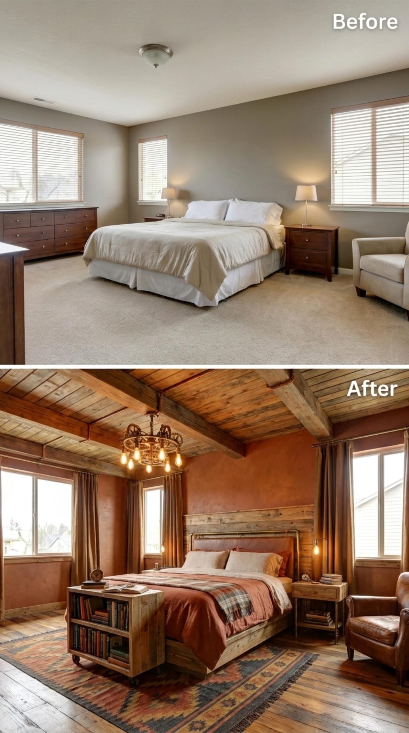 Exposed Timber Ceiling, Burnt-Sienna Walls, and a Bookshelf That Rolls Wherever It's Needed