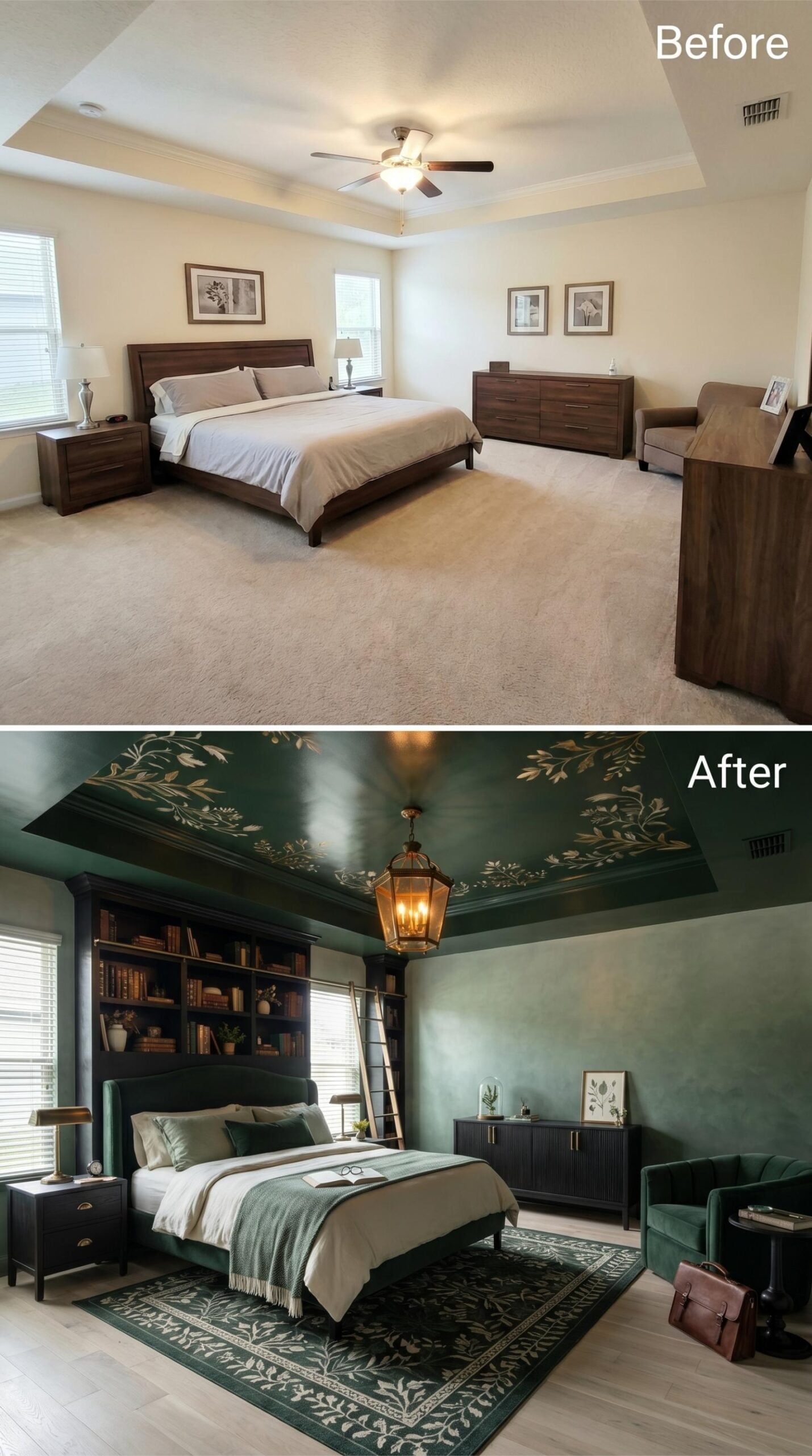 Forest Green Ceiling Mural, a Lantern Pendant, and Built-In Shelving That Earns Its Place