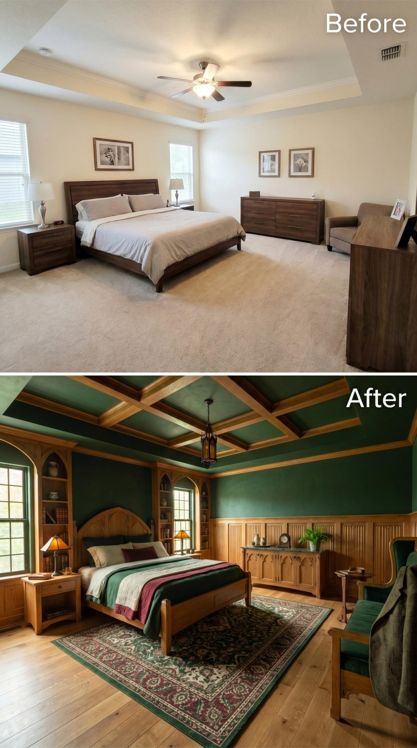 Forest Green Coffered Ceiling, Gothic Arches, and Oak Wainscoting Built for a Different Era