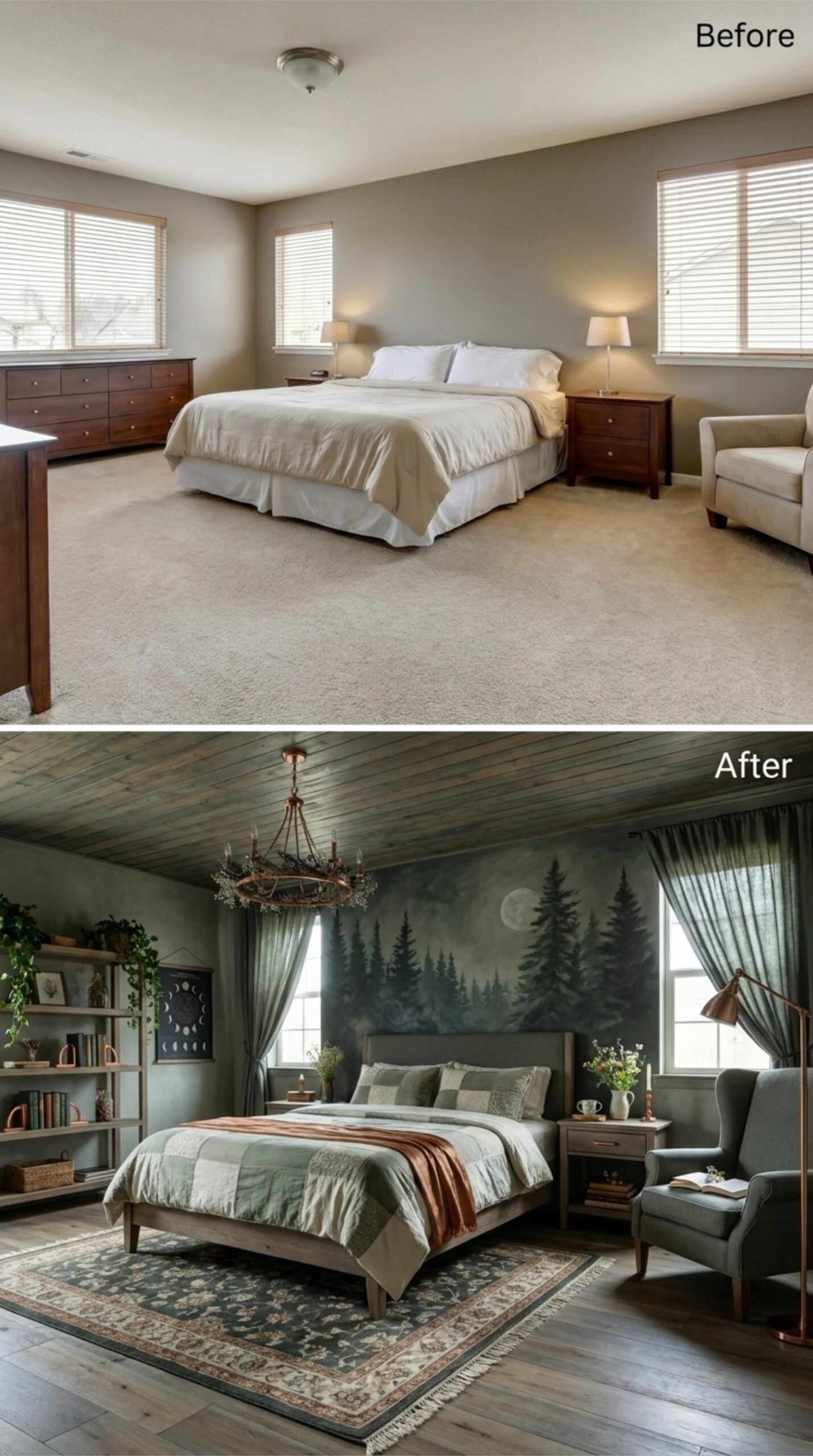 Forest Mural Walls, a Wrought-Iron Chandelier, and Wood-Plank Ceiling That Sets the Mood