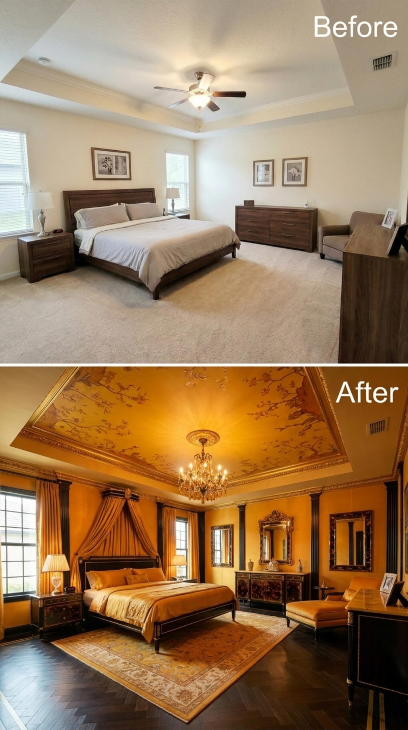Gold Chinoiserie Ceiling, Crystal Chandelier, and a Color Story That Commits Completely
