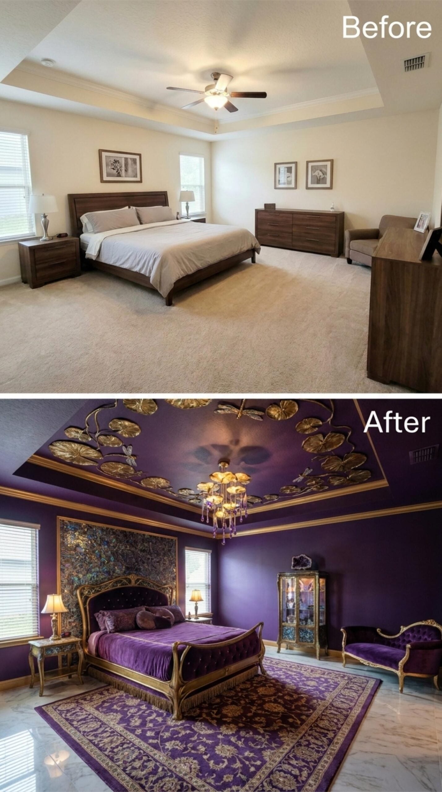 Gold Lily Pad Ceiling Medallions, Deep Violet Walls, and Baroque Furniture That Earns Every Inch