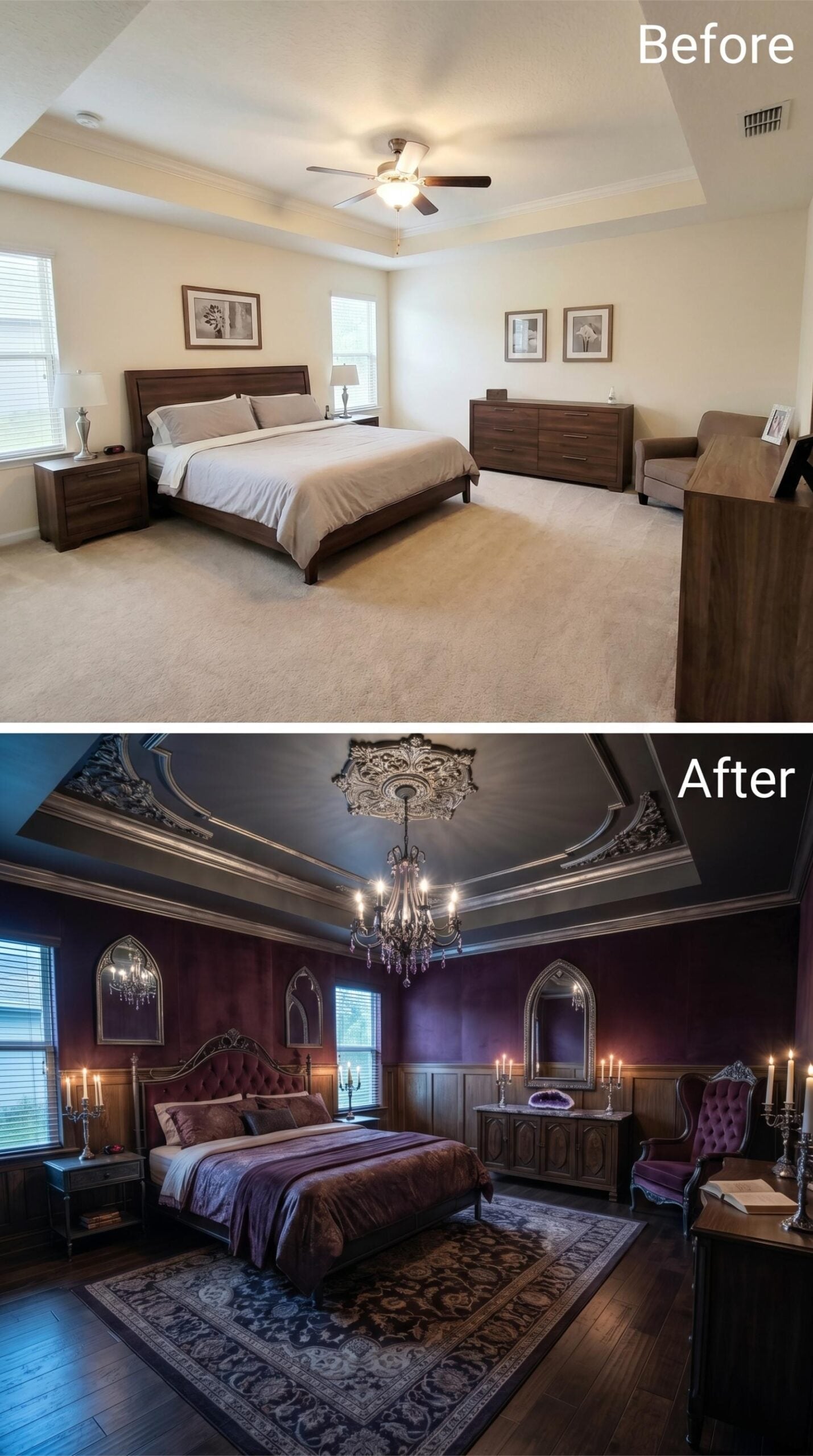 Gothic Grandeur: Charcoal Tray Ceiling, Plum Velvet, and Candelabras Done Right