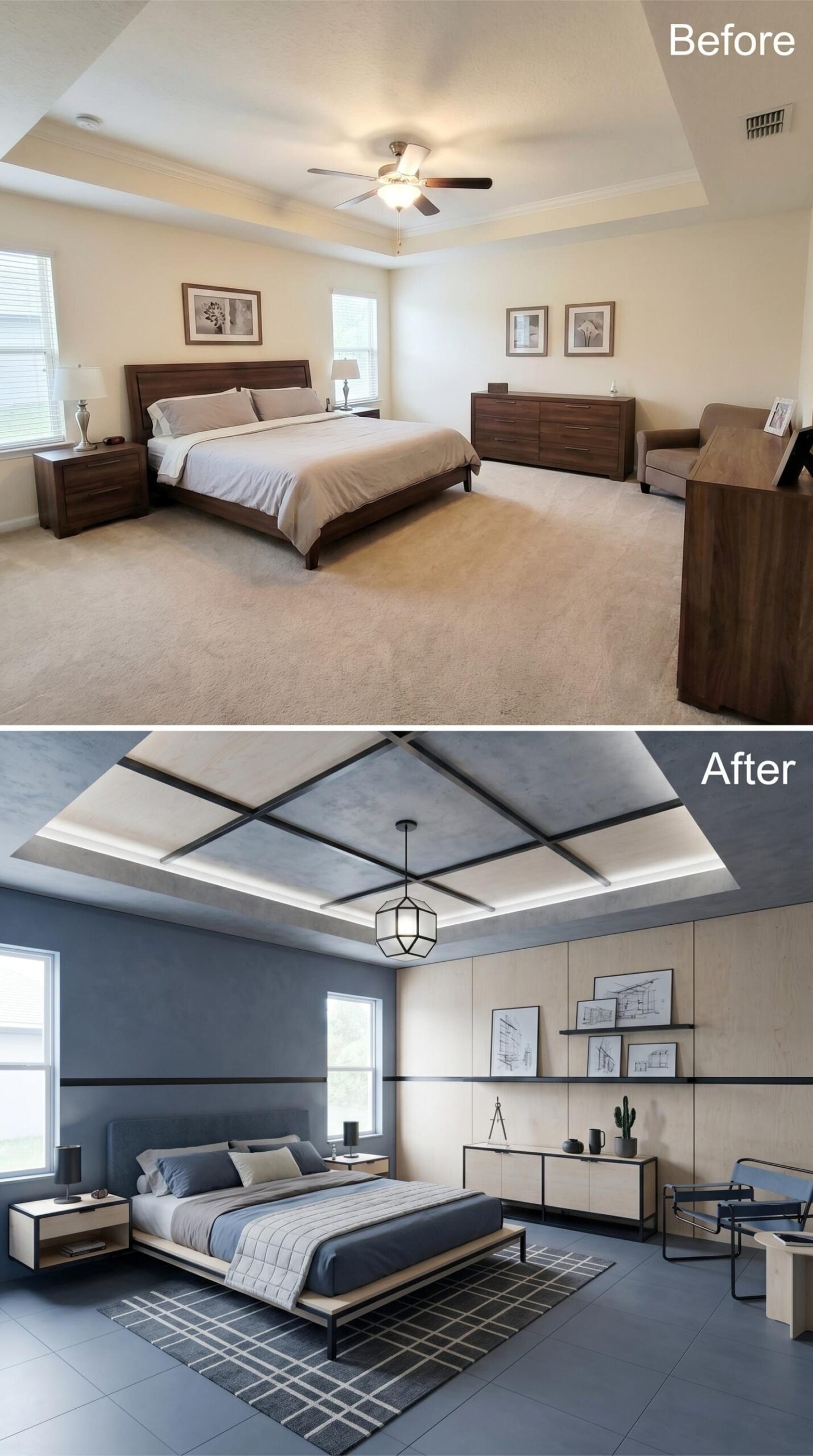 Grid Ceiling, Slate Tile, and Black Steel Furniture That Means Business