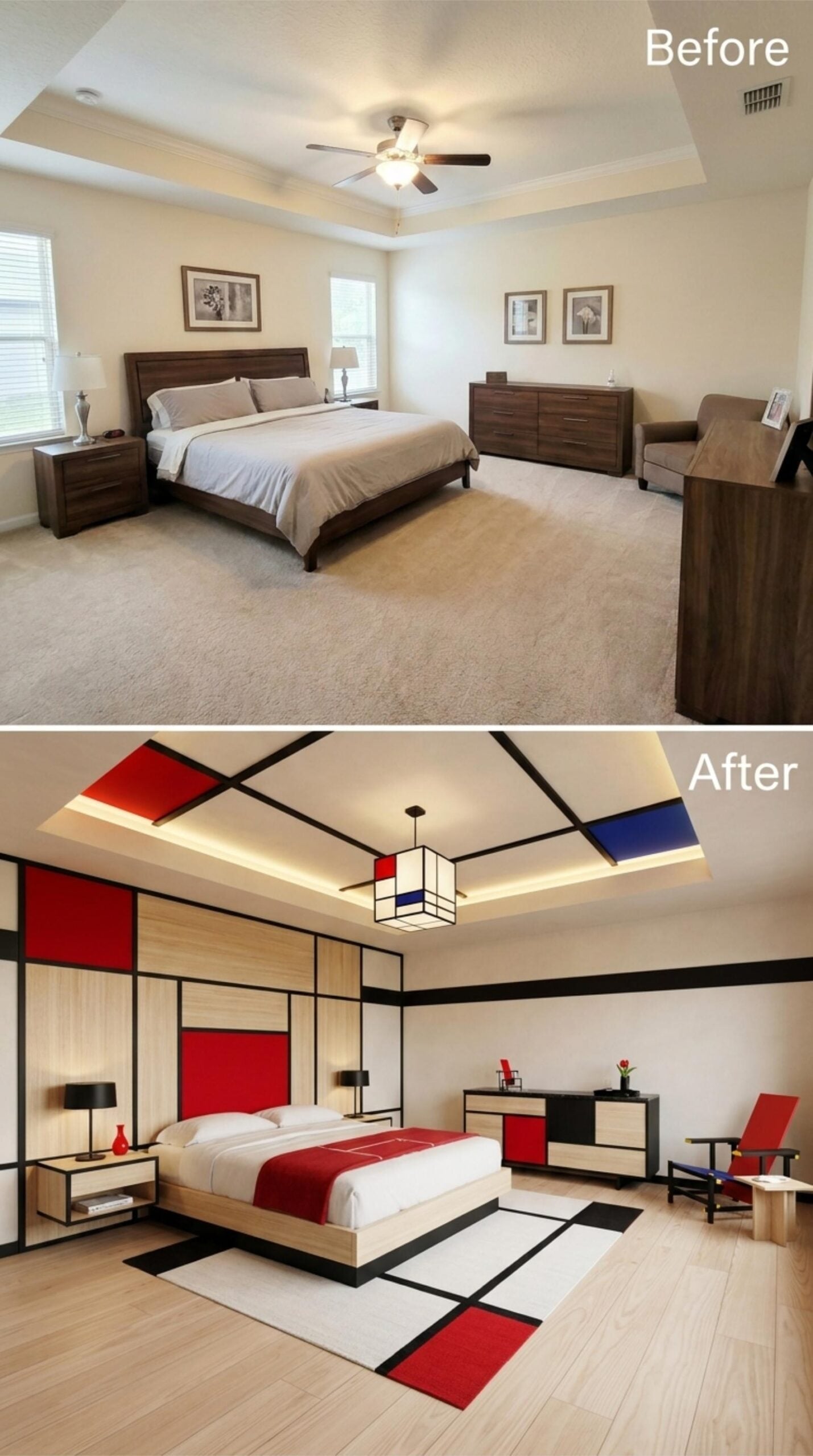 Mondrian Grid Ceiling, De Stijl Pendant, and a Rug That Brings the Whole Theory Down to Earth