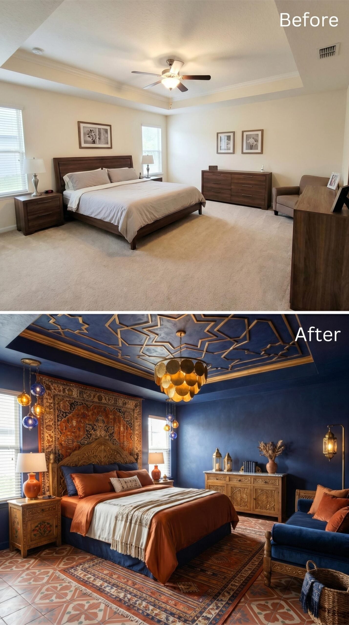 Moroccan Star Ceiling, Capiz Chandelier, and Navy Walls That Hit Like a Riad