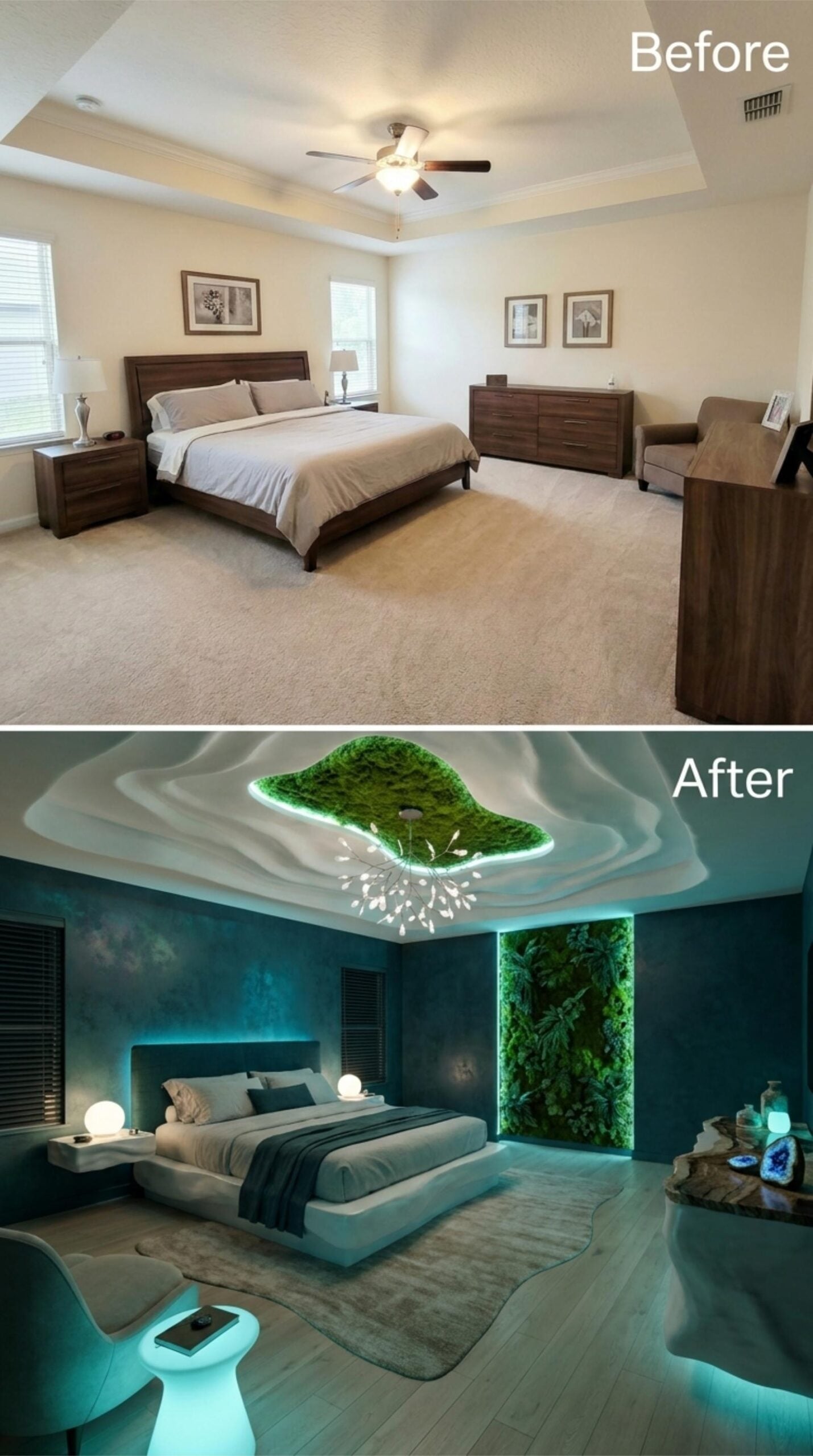 Moss Ceiling Inset, LED Cove Lighting, and a Living Wall That Pulls the Outside In