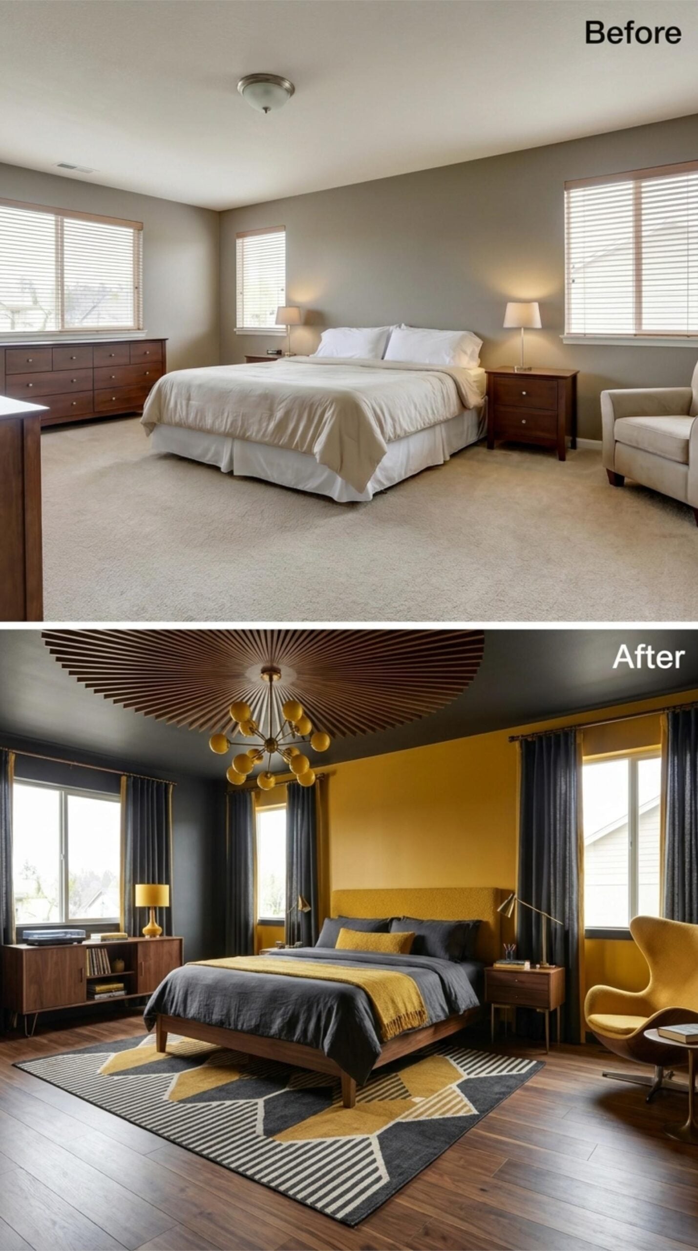 Mustard Yellow, Charcoal Walls, and a Sunburst Ceiling Detail That Earns the Drama