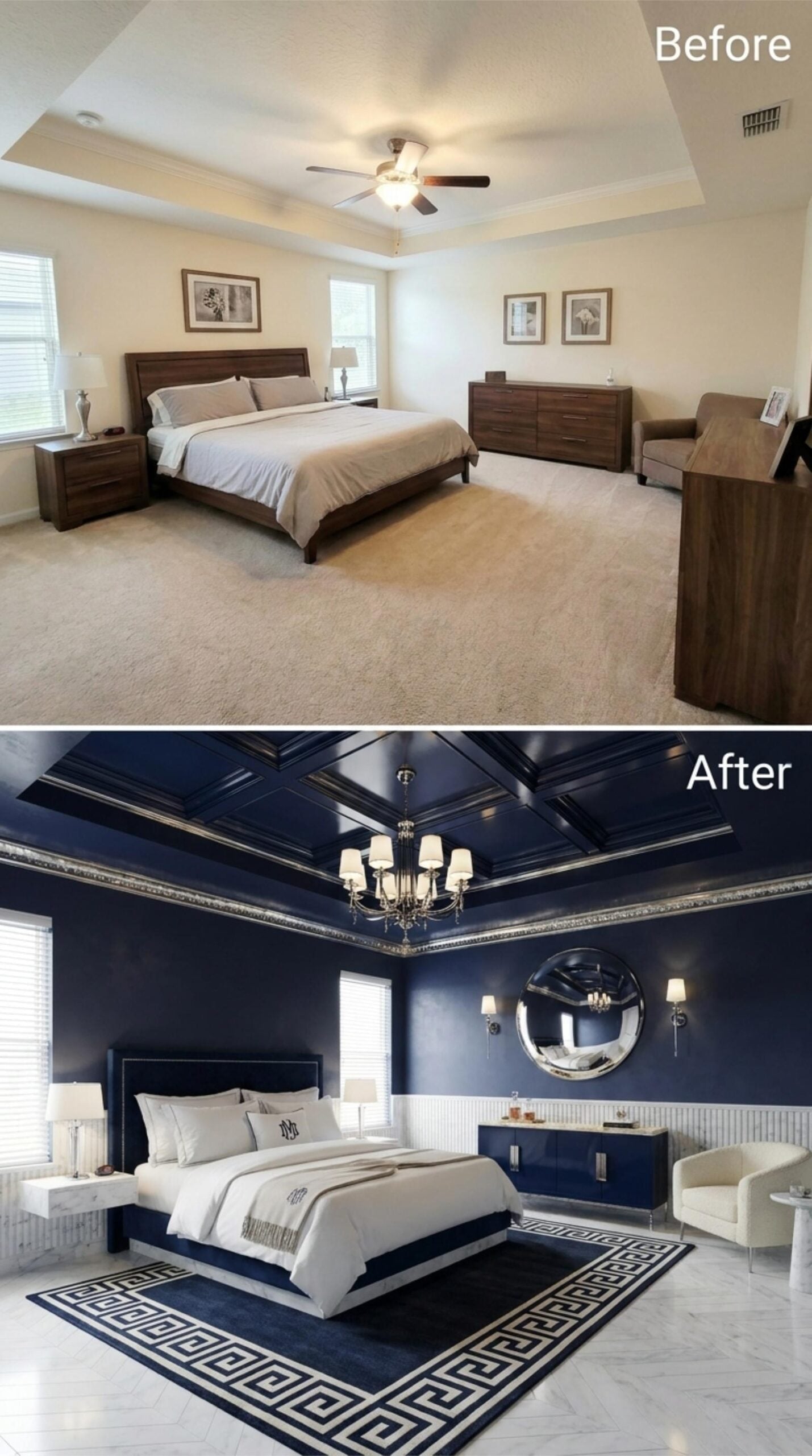 Navy Lacquer Ceiling, Greek Key Rug, and a Chandelier That Commands the Room