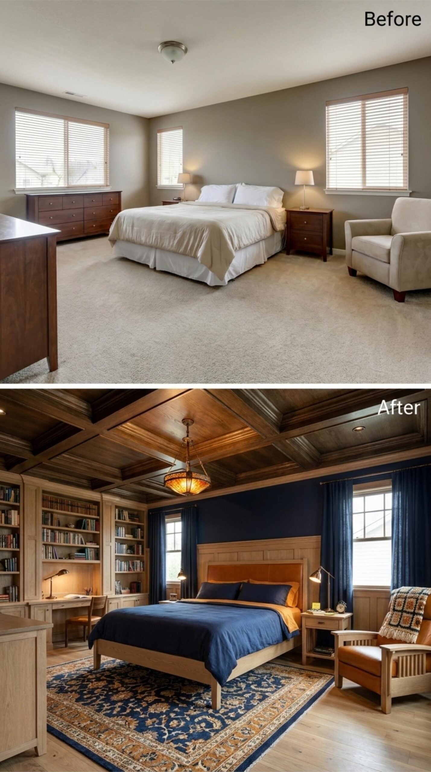 Navy Walls, a Coffered Walnut Ceiling, and Built-In Shelving Stocked Like a Proper Library