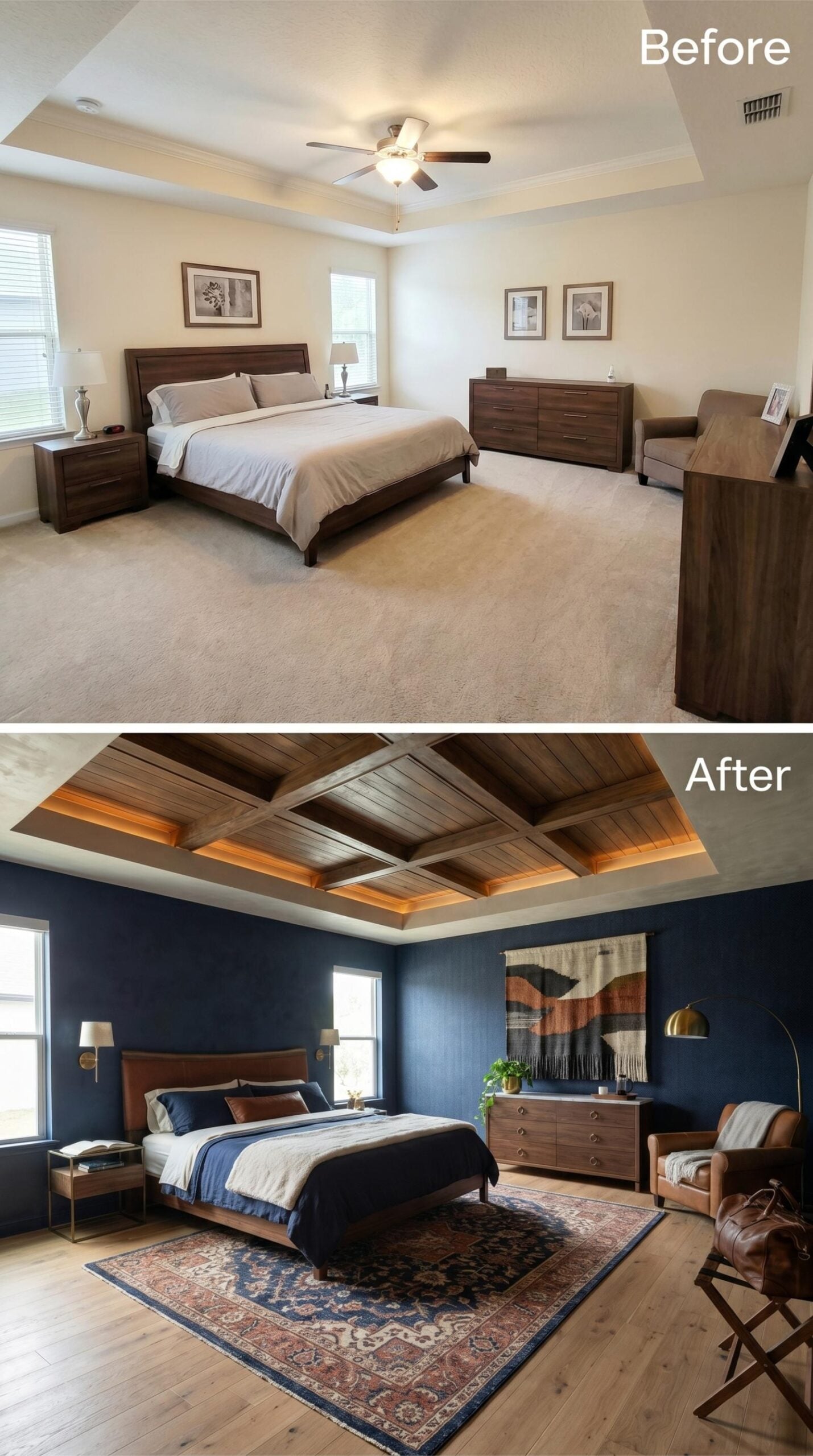Navy Walls, Coffered Wood Ceiling, and the Rug That Anchors It All