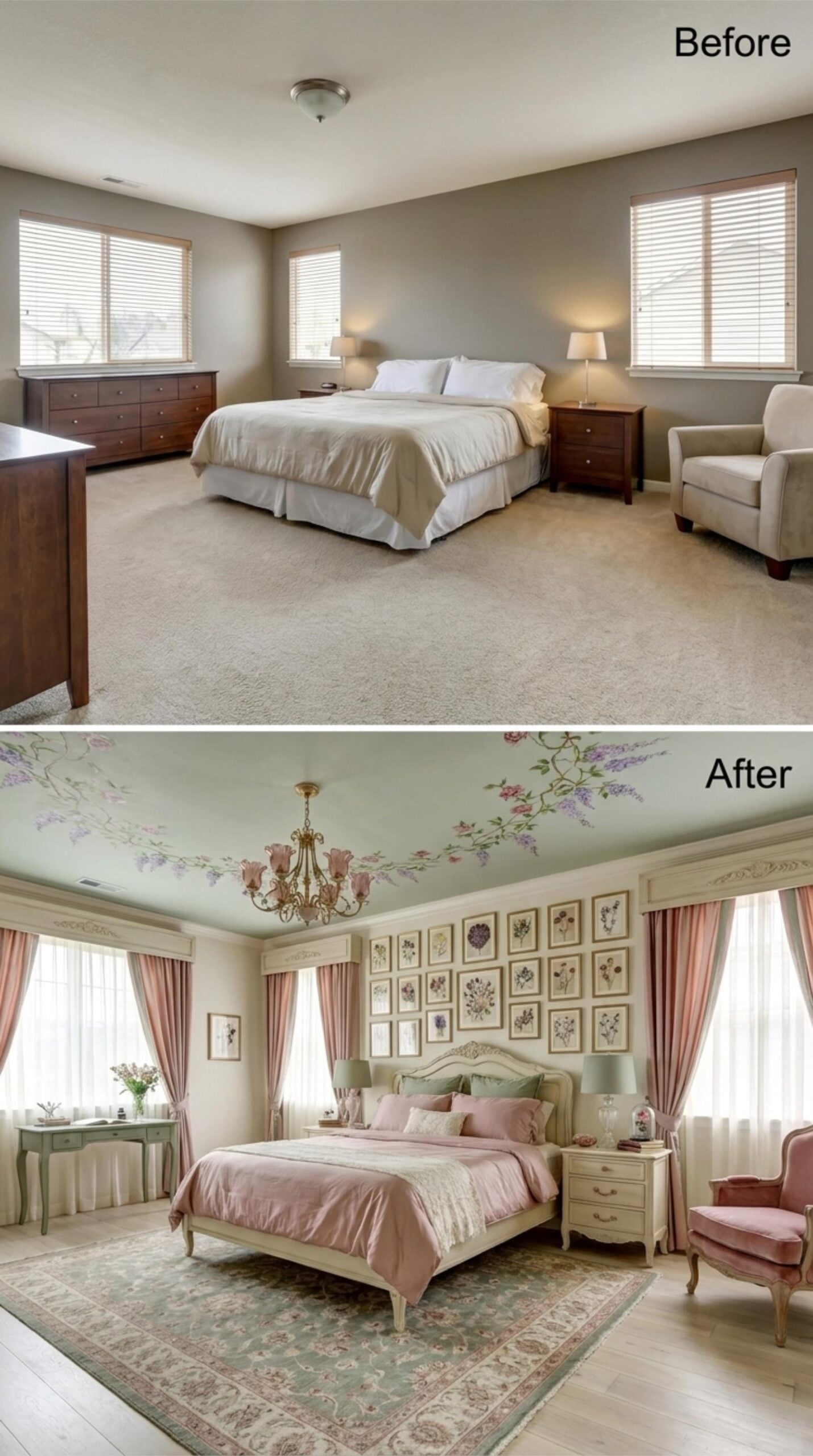 Painted Ceiling Botanicals, a Rose Chandelier, and Pink Velvet That Commits Fully