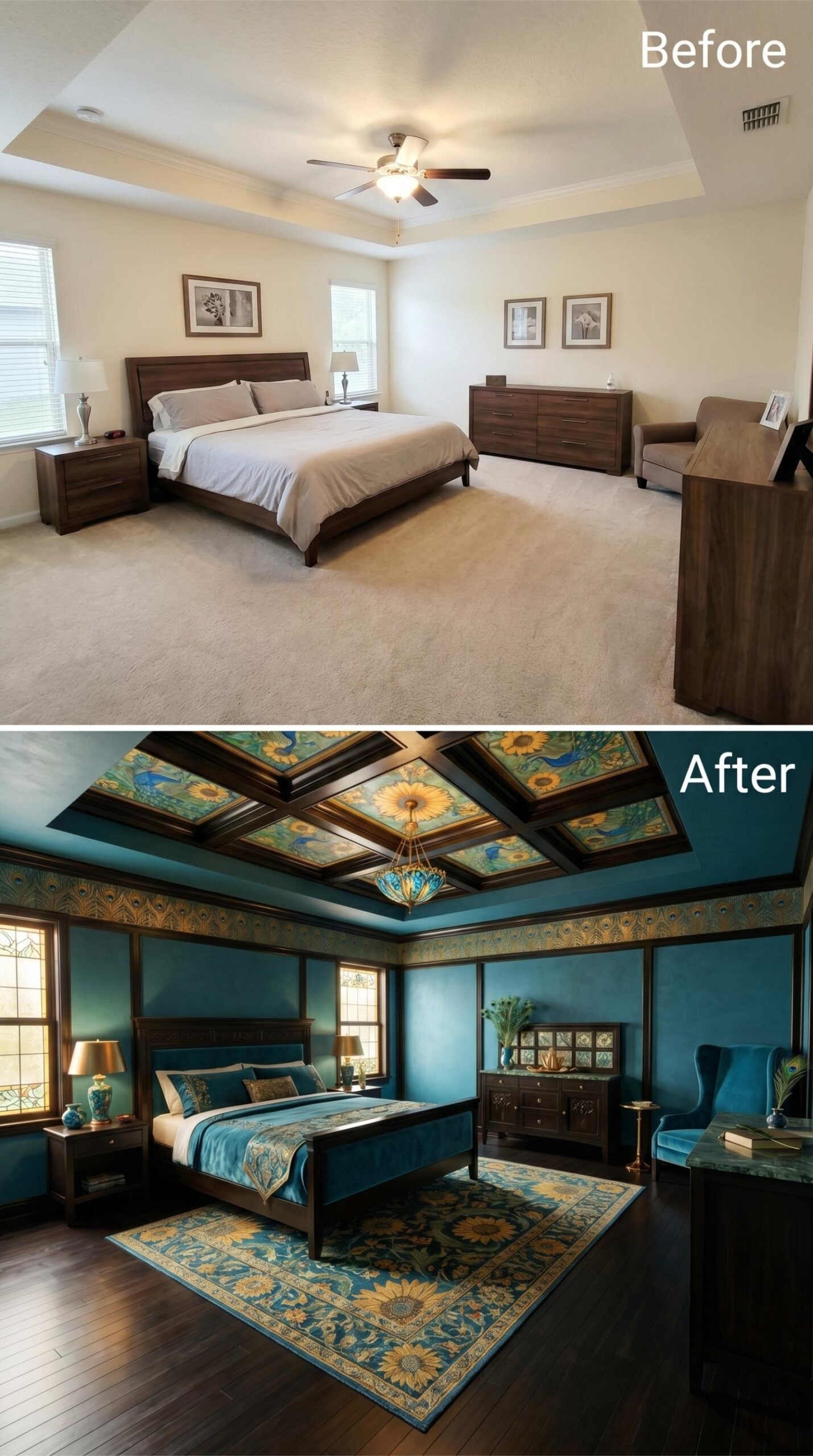 Painted Coffered Ceiling with Peacock Motifs and Velvet Bedding That Sets the Tone Immediately