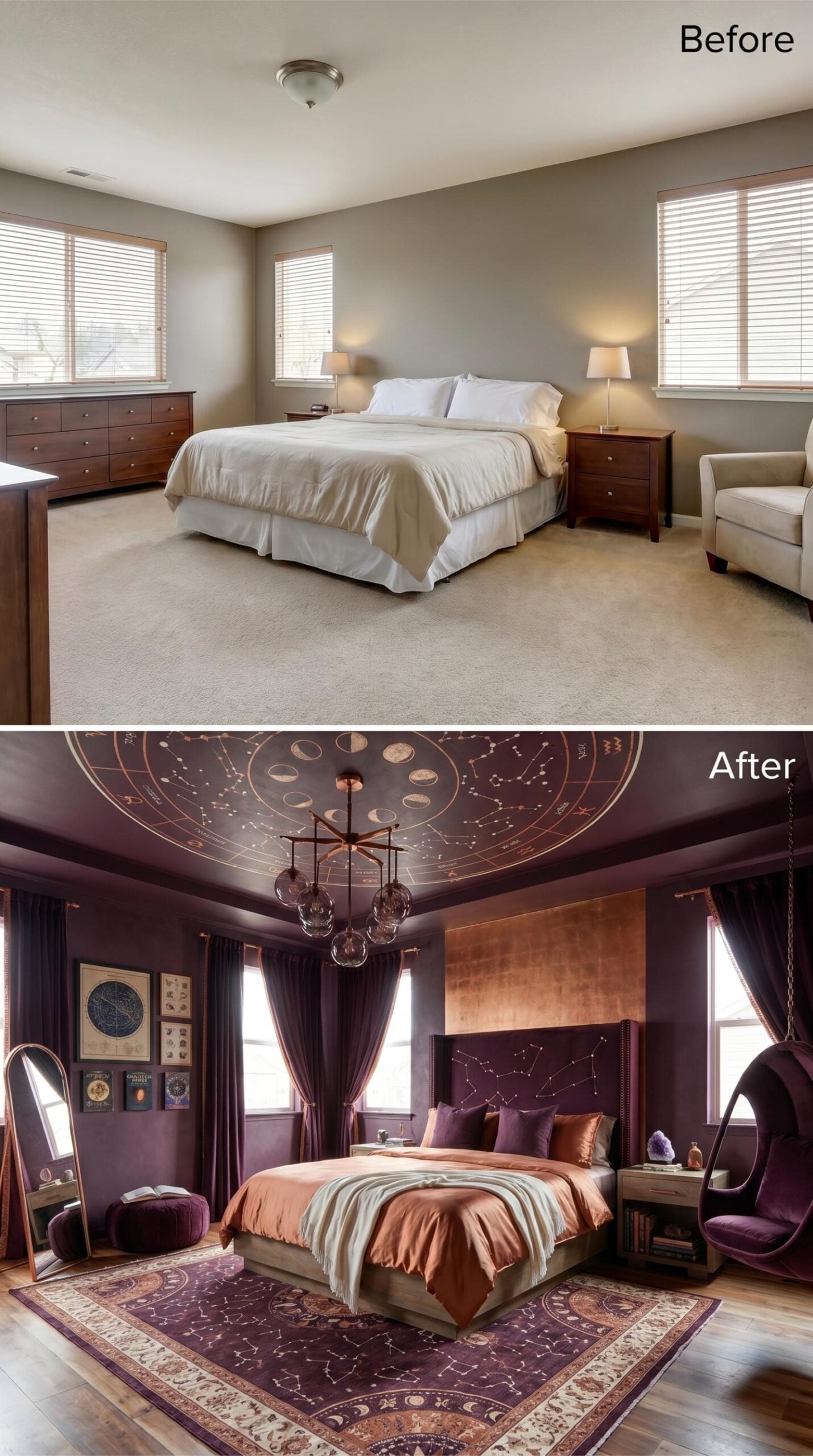 Plum Walls, a Zodiac Ceiling Mural, and Copper Bedding That Commits to the Bit