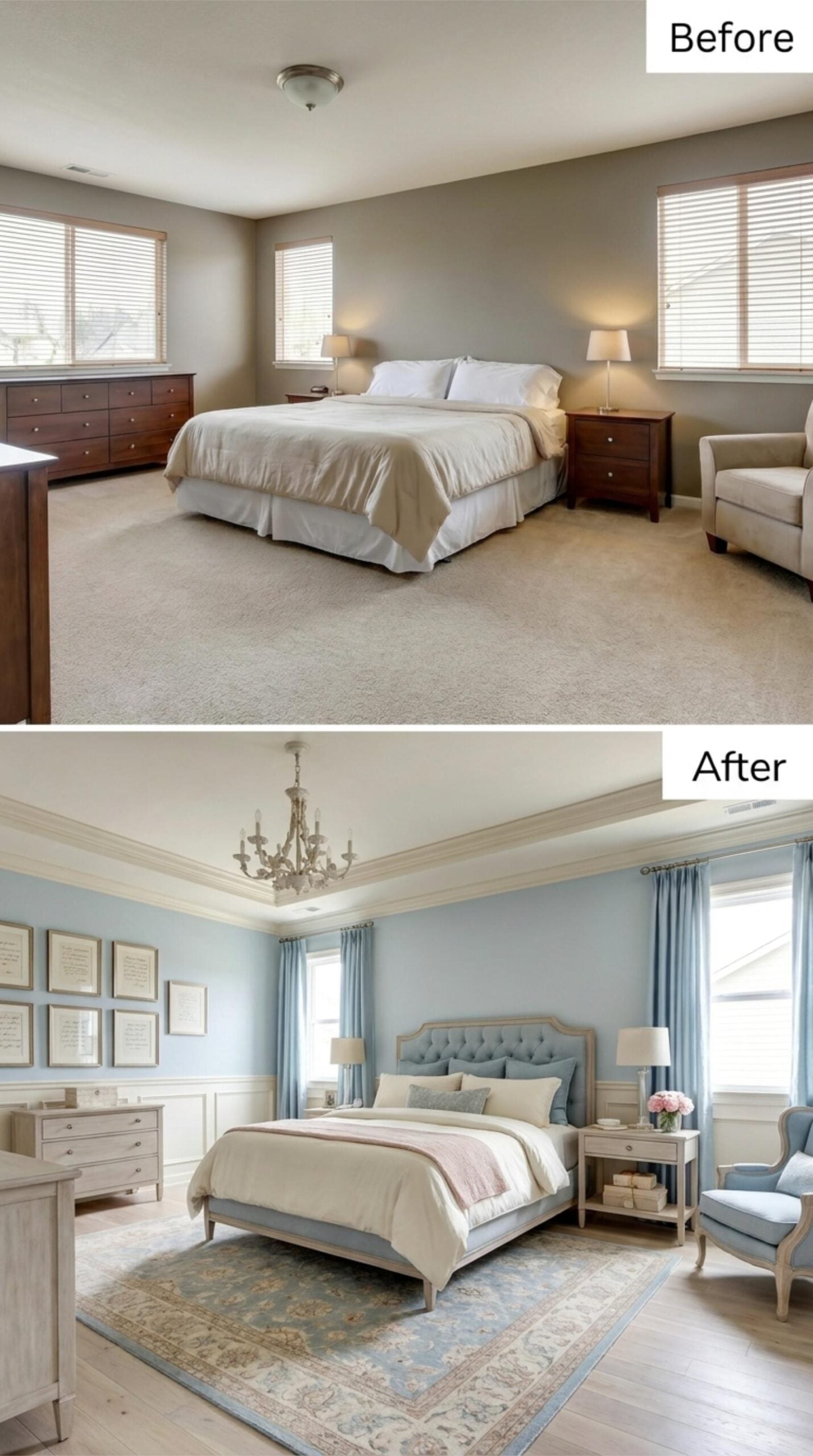 Powder Blue Walls, a Tray Ceiling with Crown Molding, and a Chandelier Built for Candlelight